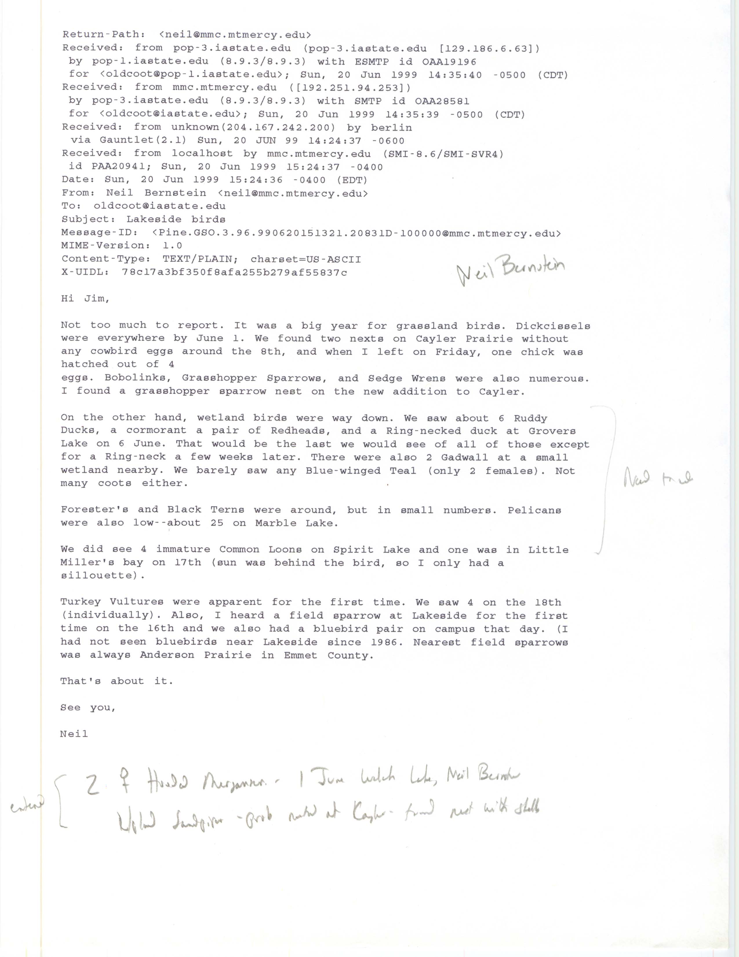 Neil Bernstein email to Jim Dinsmore regarding Lakeside birds, June 20, 1999