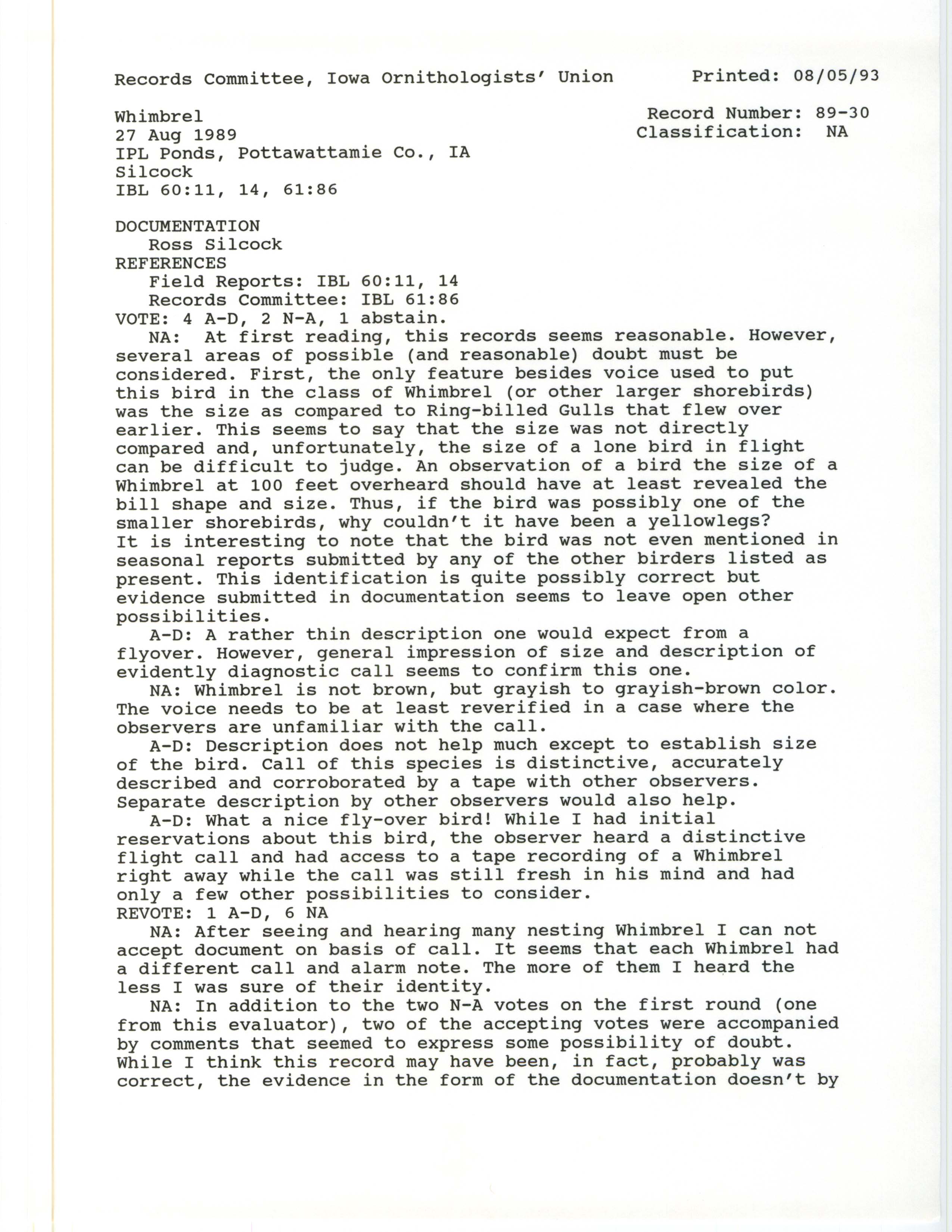 Records Committee review for rare bird sighting of Whimbrel at the MidAmerican Energy Ponds, 1989