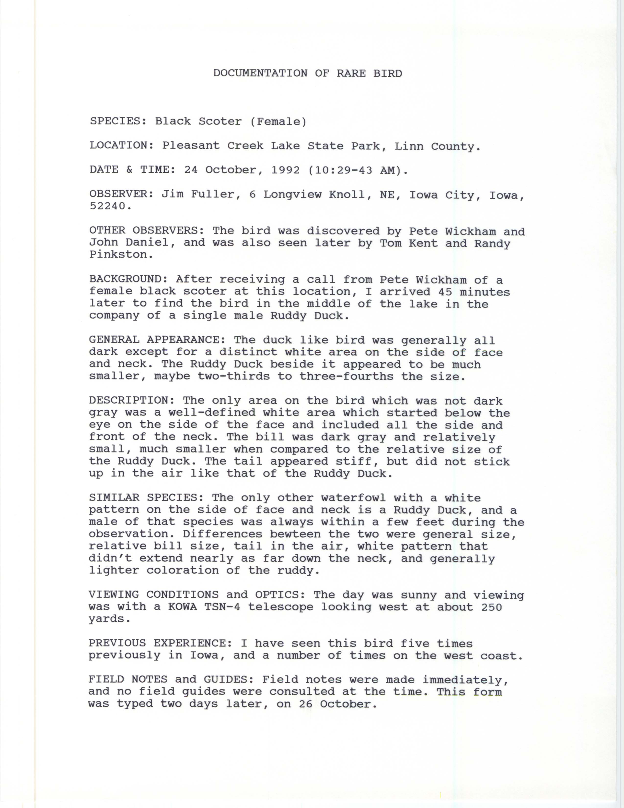 Rare bird documentation form for Black Scoter at Pleasant Creek Lake State Park, 1992