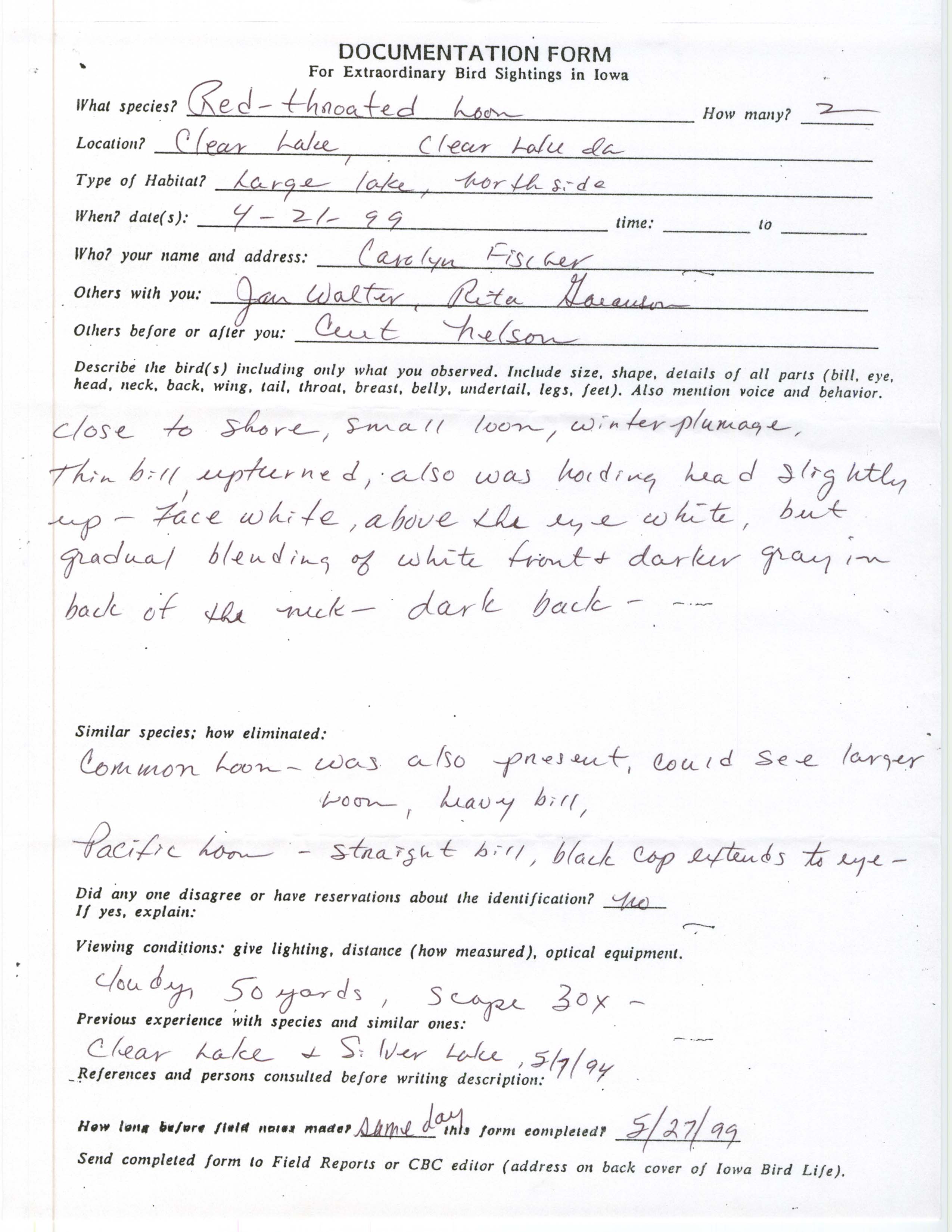 Rare bird documentation form for Red-throated Loon at Clear Lake, 1999