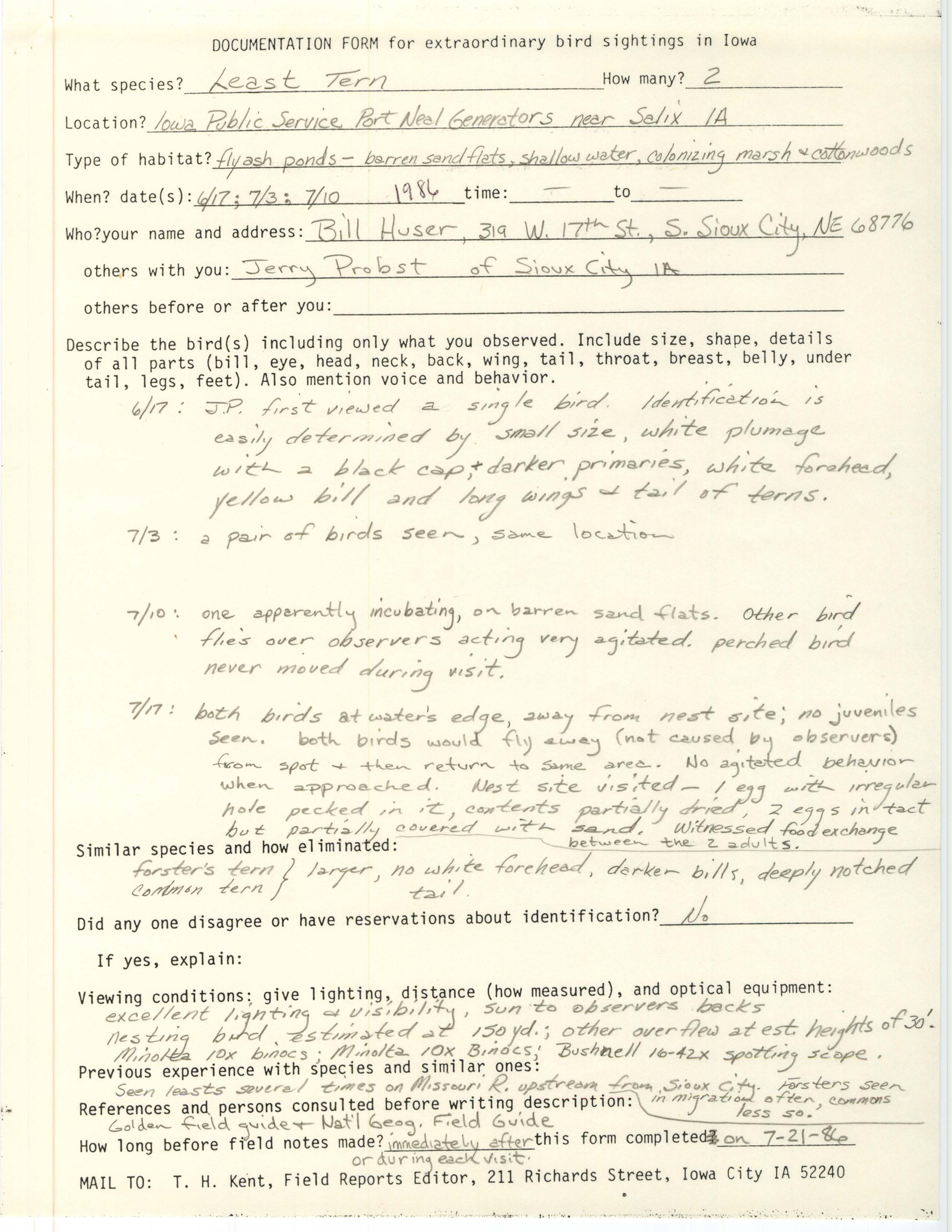 Documentation form for extraordinary bird sightings in Iowa, Least Tern, June 17, July 3 and 10, 1986  