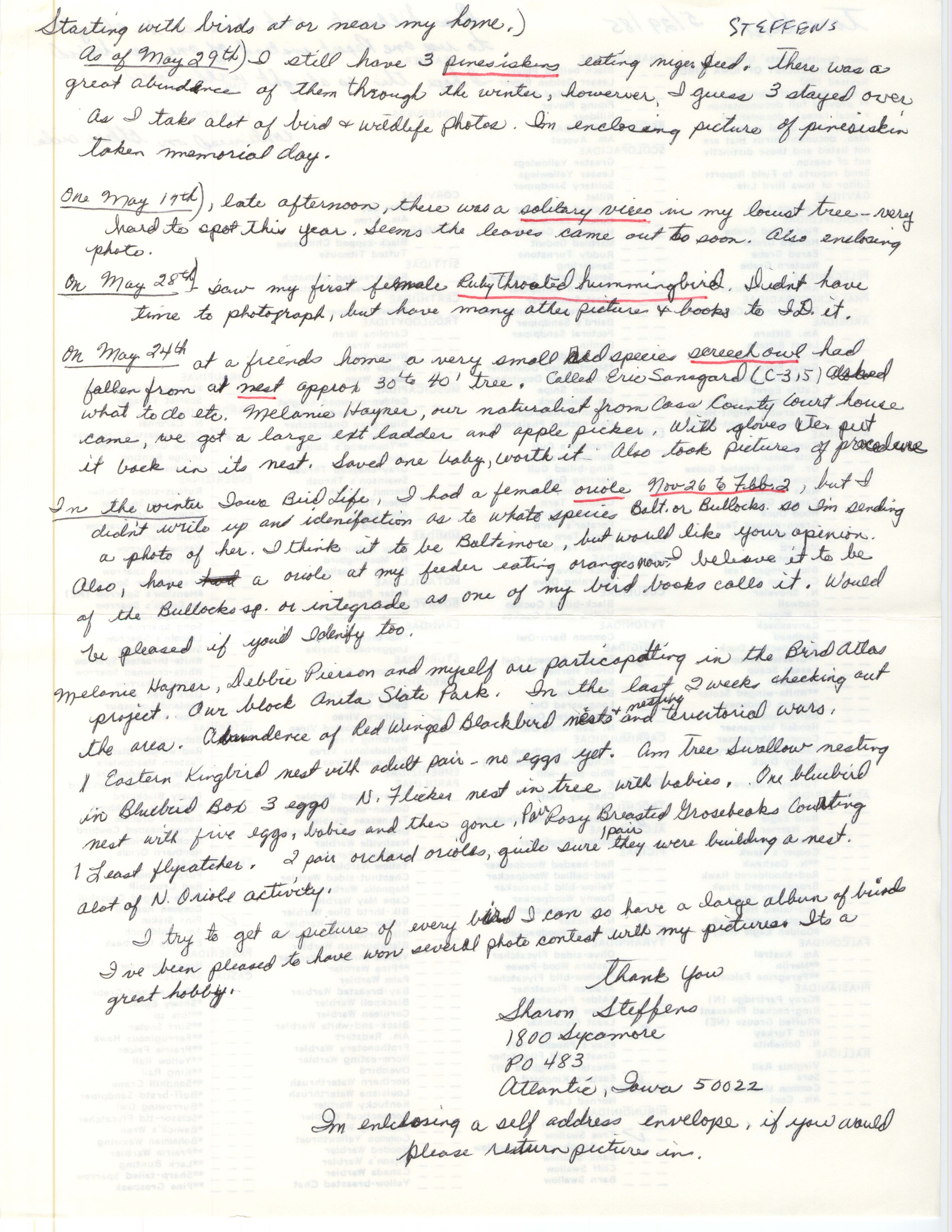 Sharon Steffens letter to Thomas H. Kent with incorporated field notes, May 29, 1985