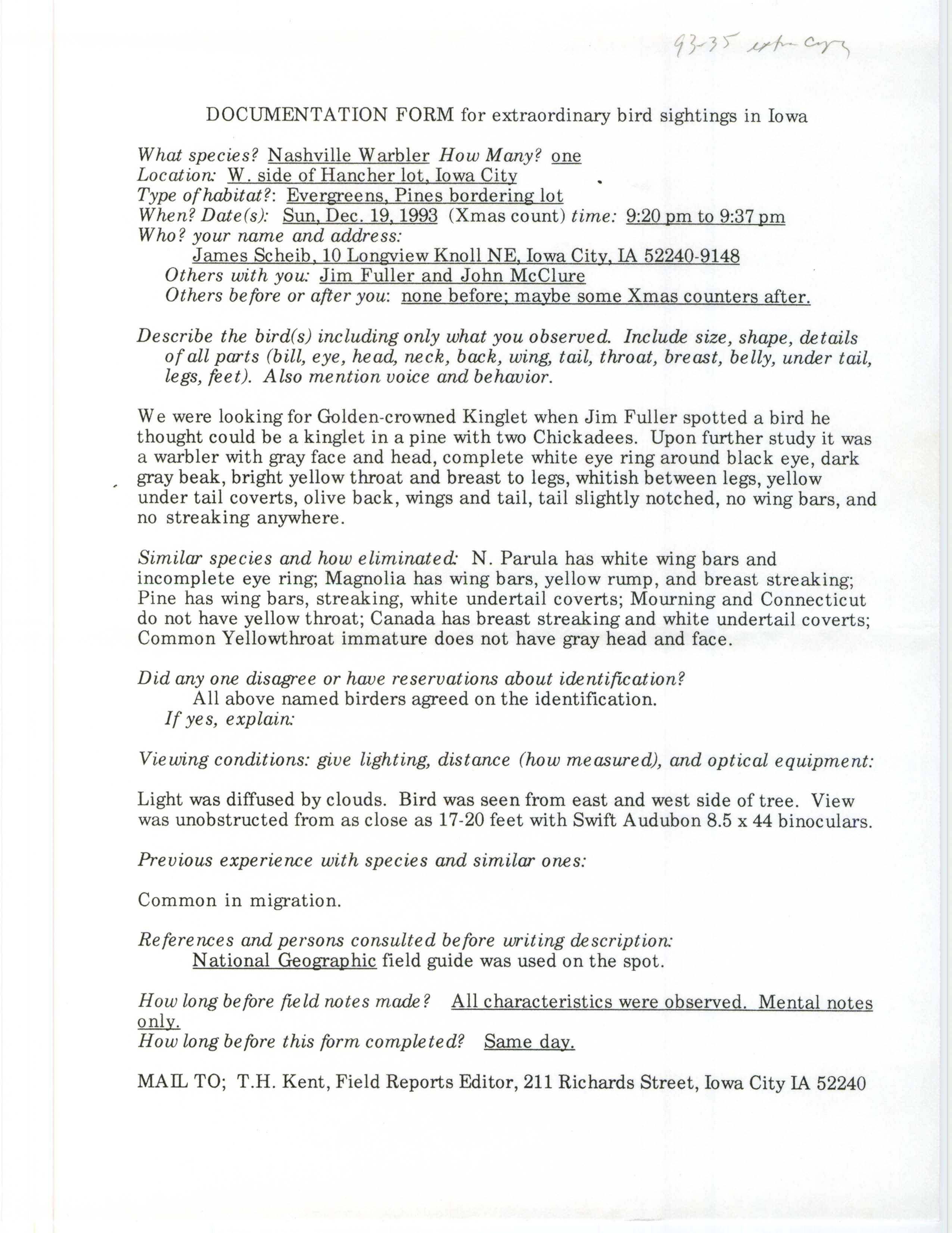 Rare bird documentation form for Nashville Warbler at Hancher Auditorium in Iowa City, 1993