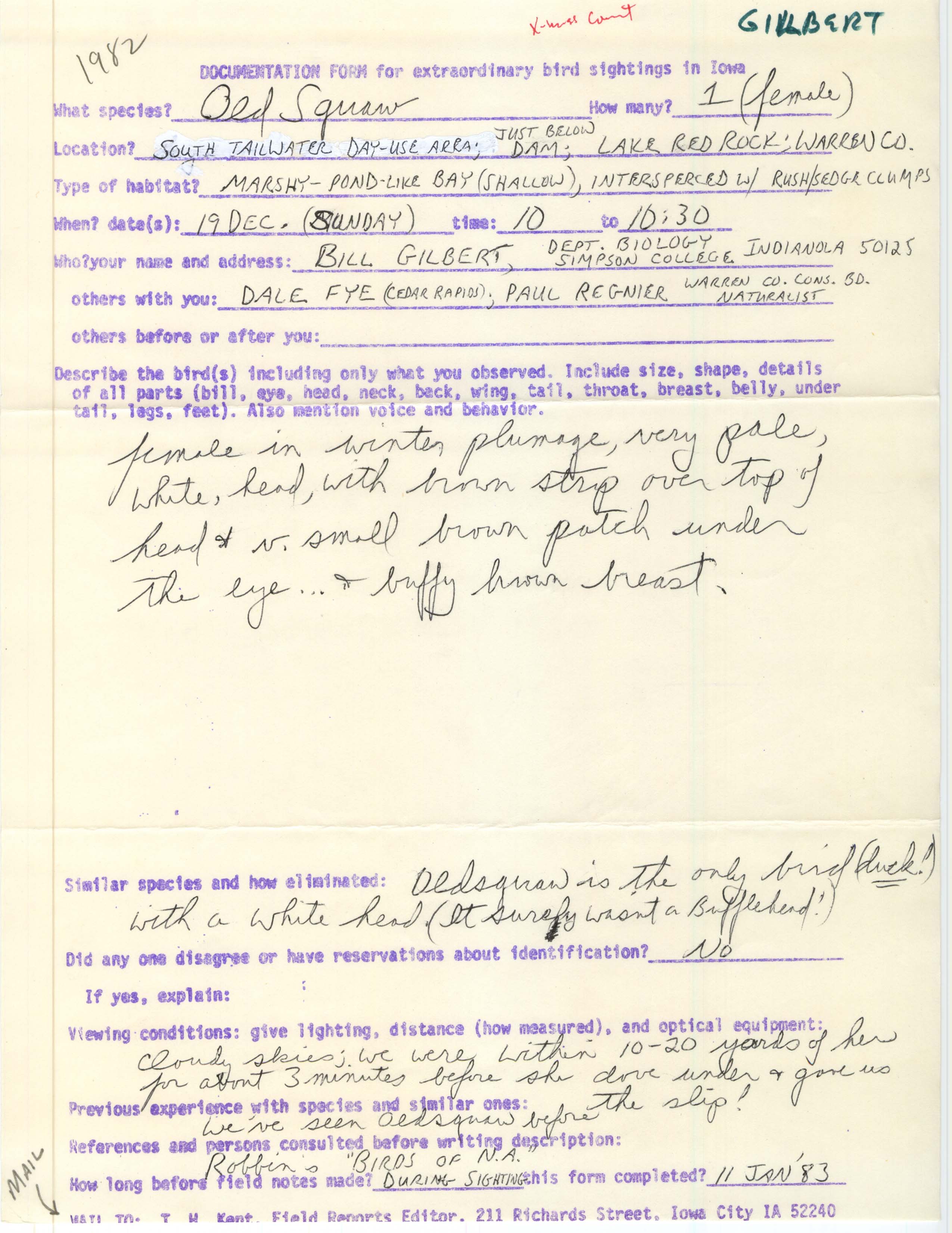 Rare bird documentation form for Long-tailed Duck at Lake Red Rock, 1982