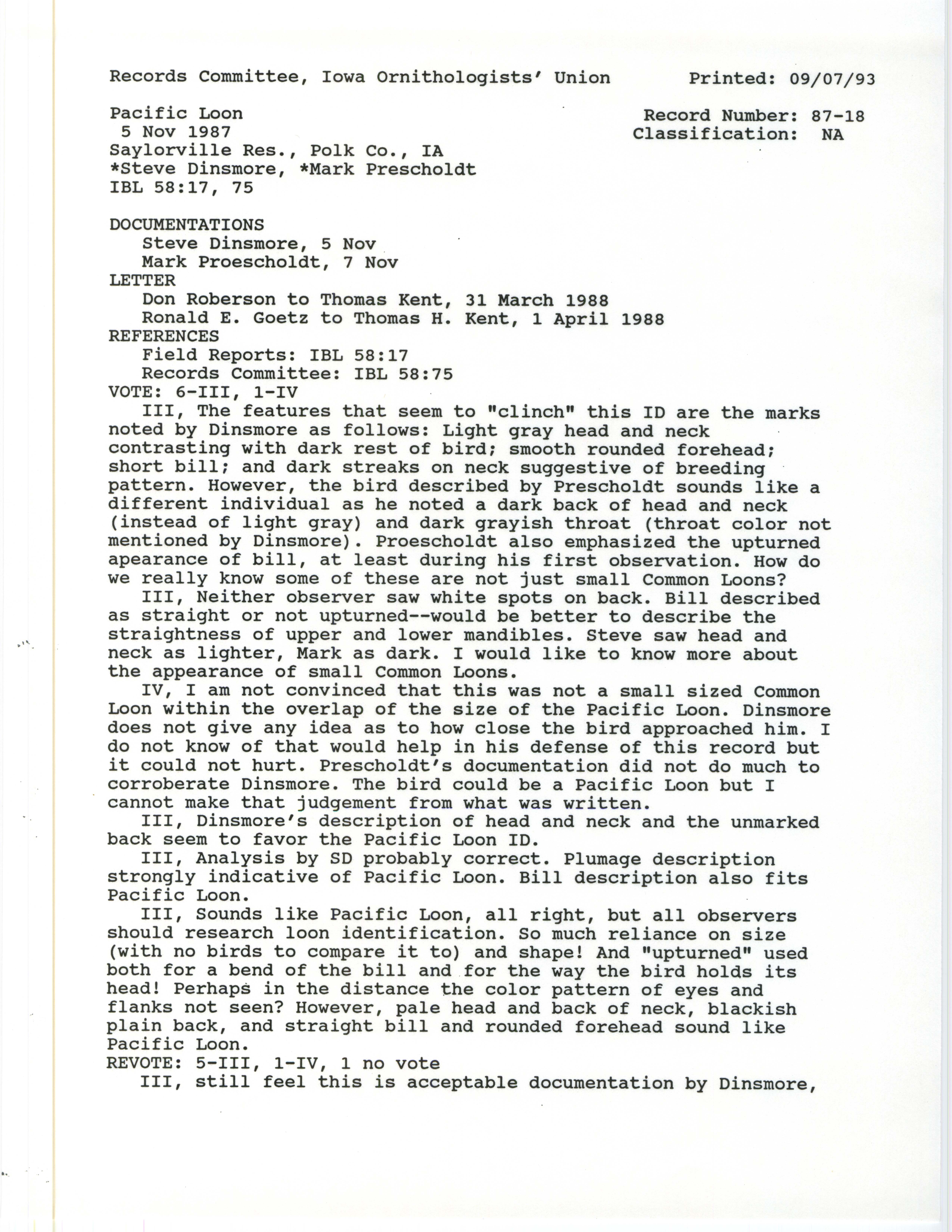 Records Committee review for rare bird sighting of a Pacific Loon at Saylorville Resevoir, 1987