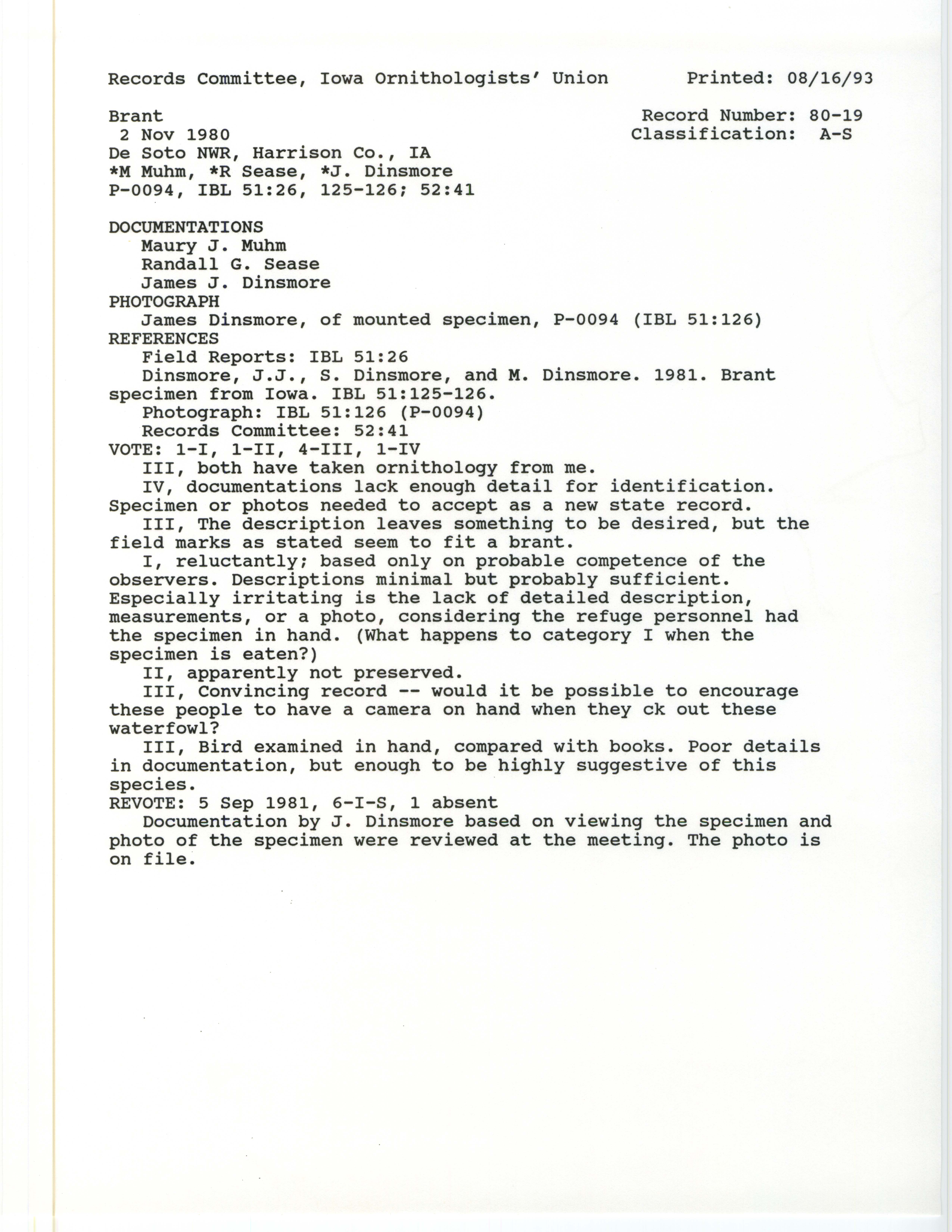 Records Committee review for rare bird sighting of Brant at De Soto National Wildlife Refuge, 1980