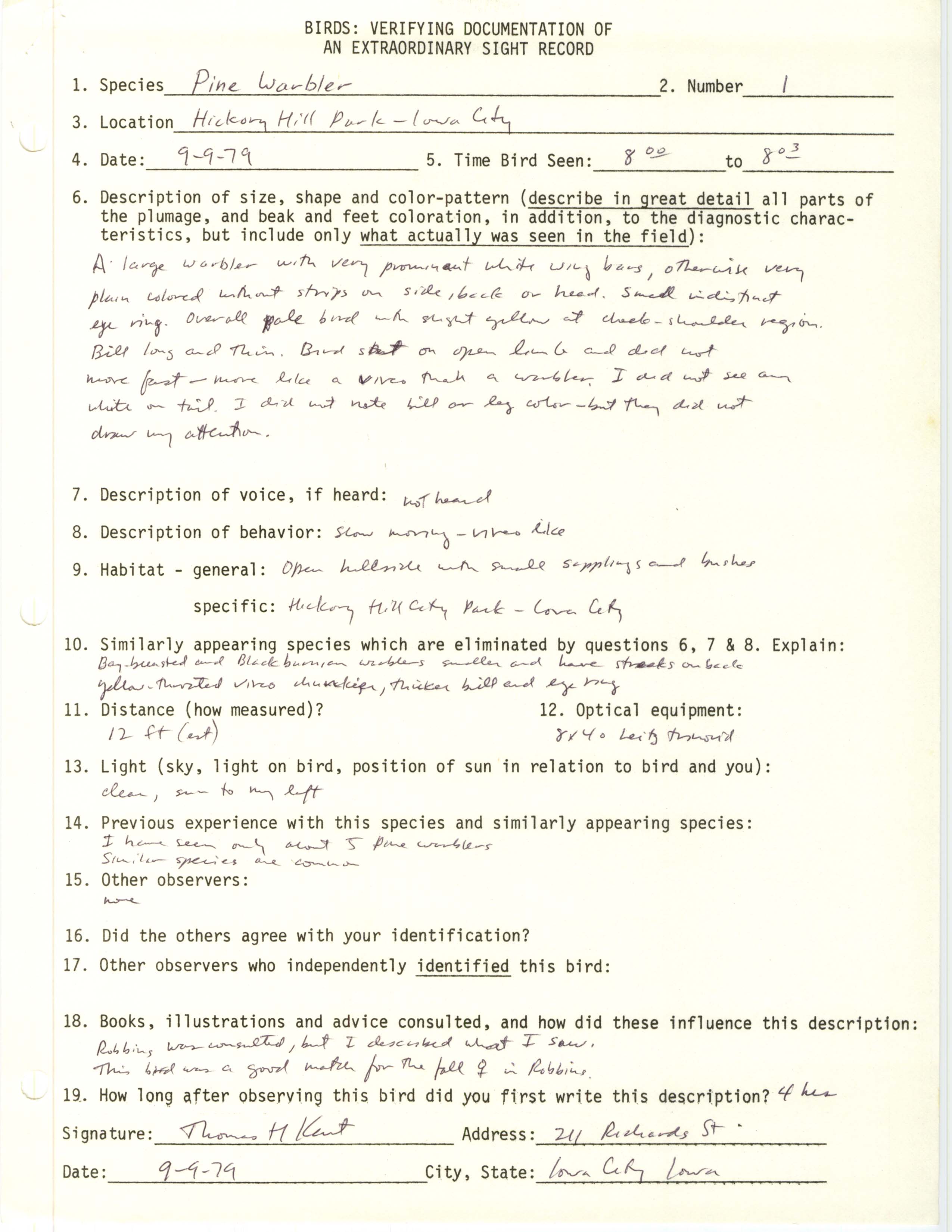 Rare bird documentation form for Pine Warbler at Hickory Hill Park in Iowa City, 1979
