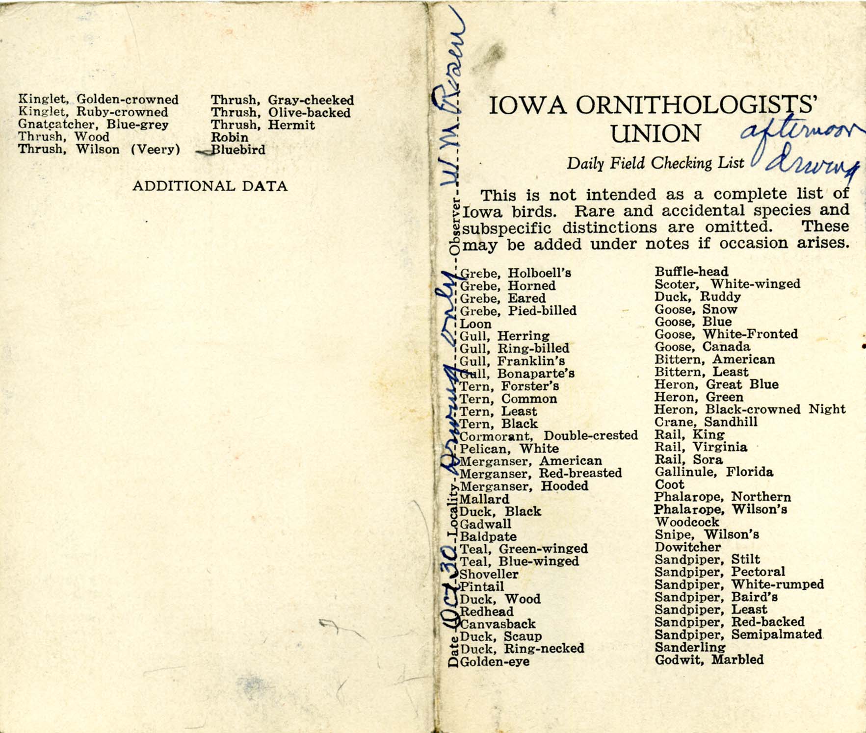 Daily field checking list by Walter Rosene, October 30, 1938