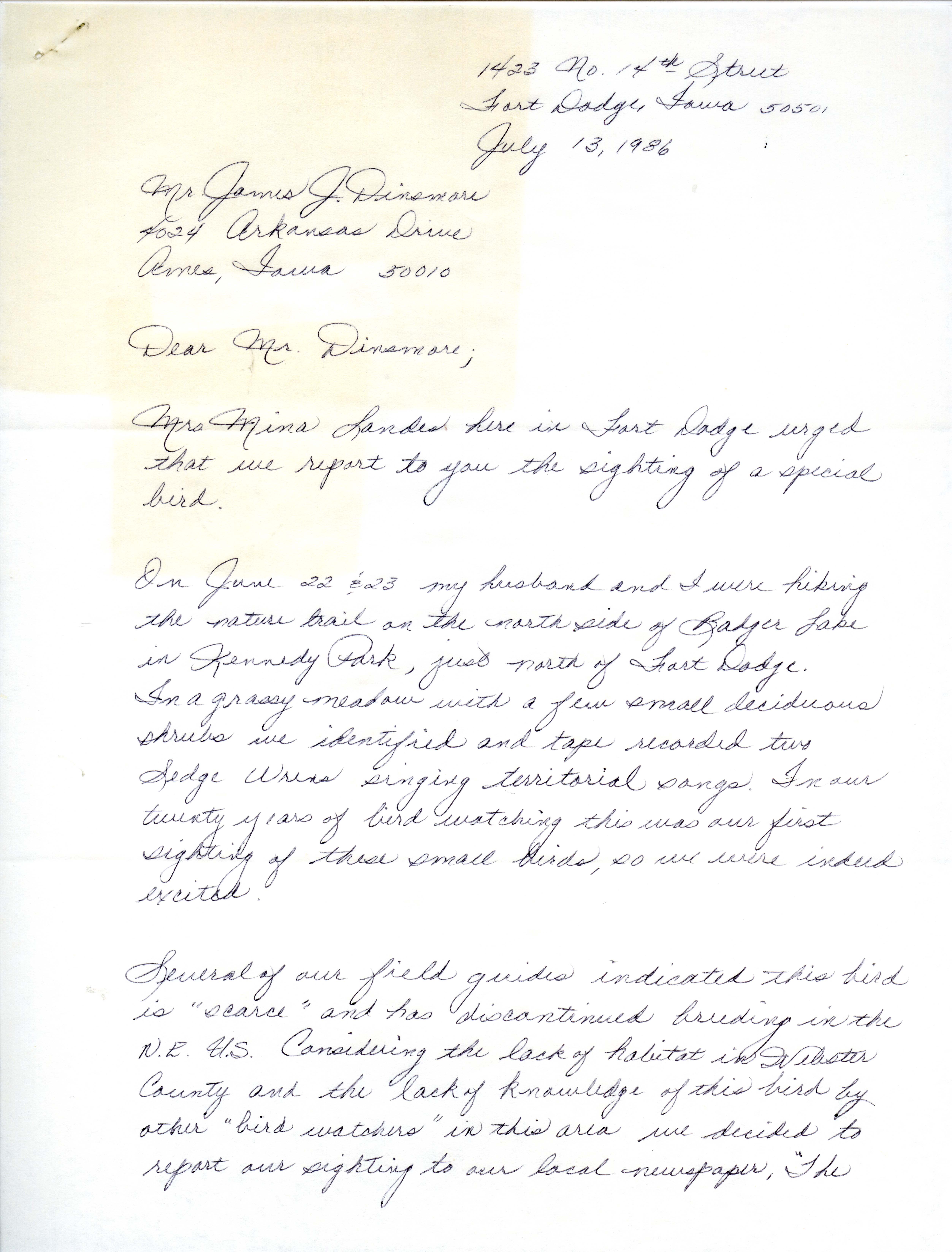 Jan Schamel letter to James J. Dinsmore regarding a Sedge Wren sighting, July 13, 1986