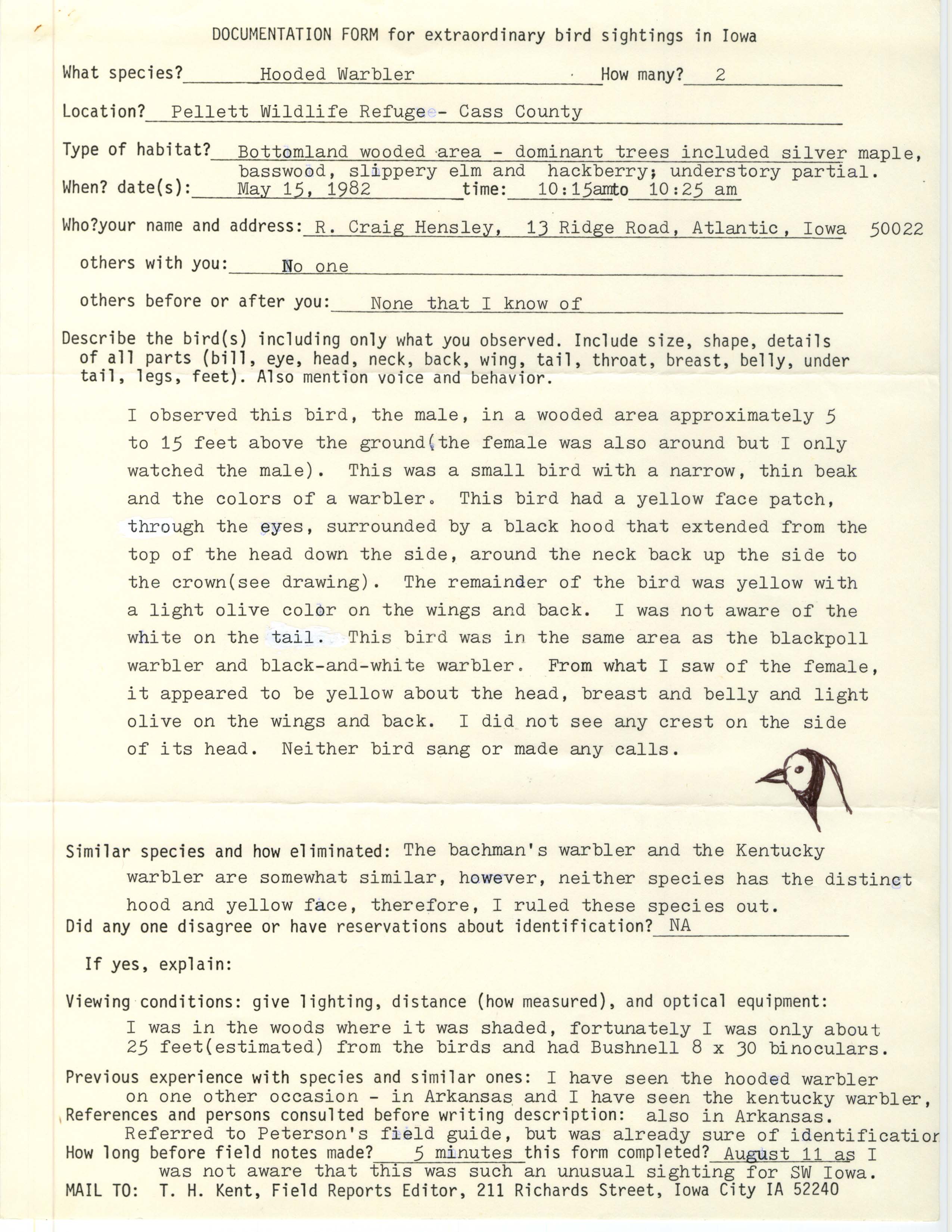 Rare bird documentation form for Hooded Warbler at Pellet Wildlife Refuge, 1982