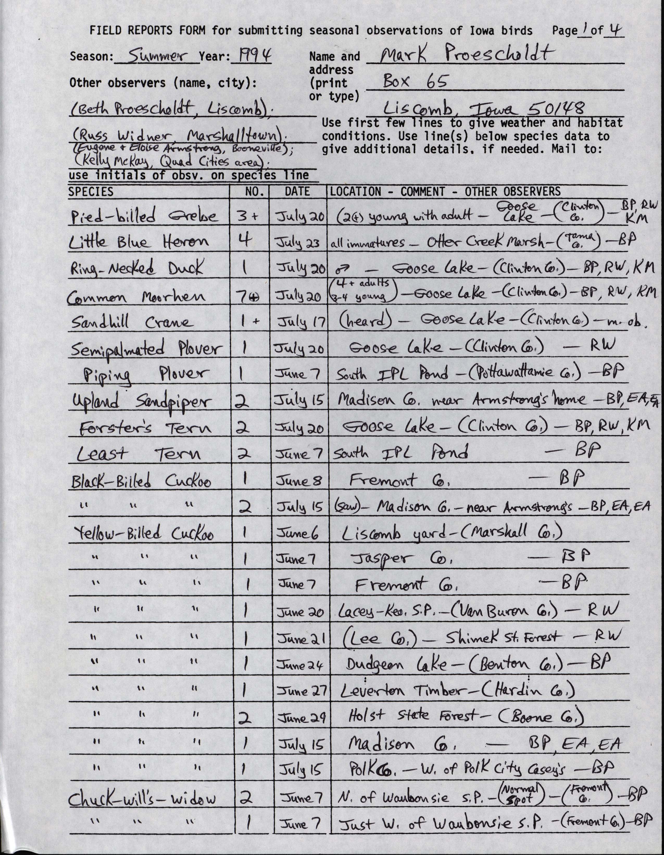 Field reports form for submitting seasonal observations of Iowa birds, Mark Proescholdt, Summer 1994