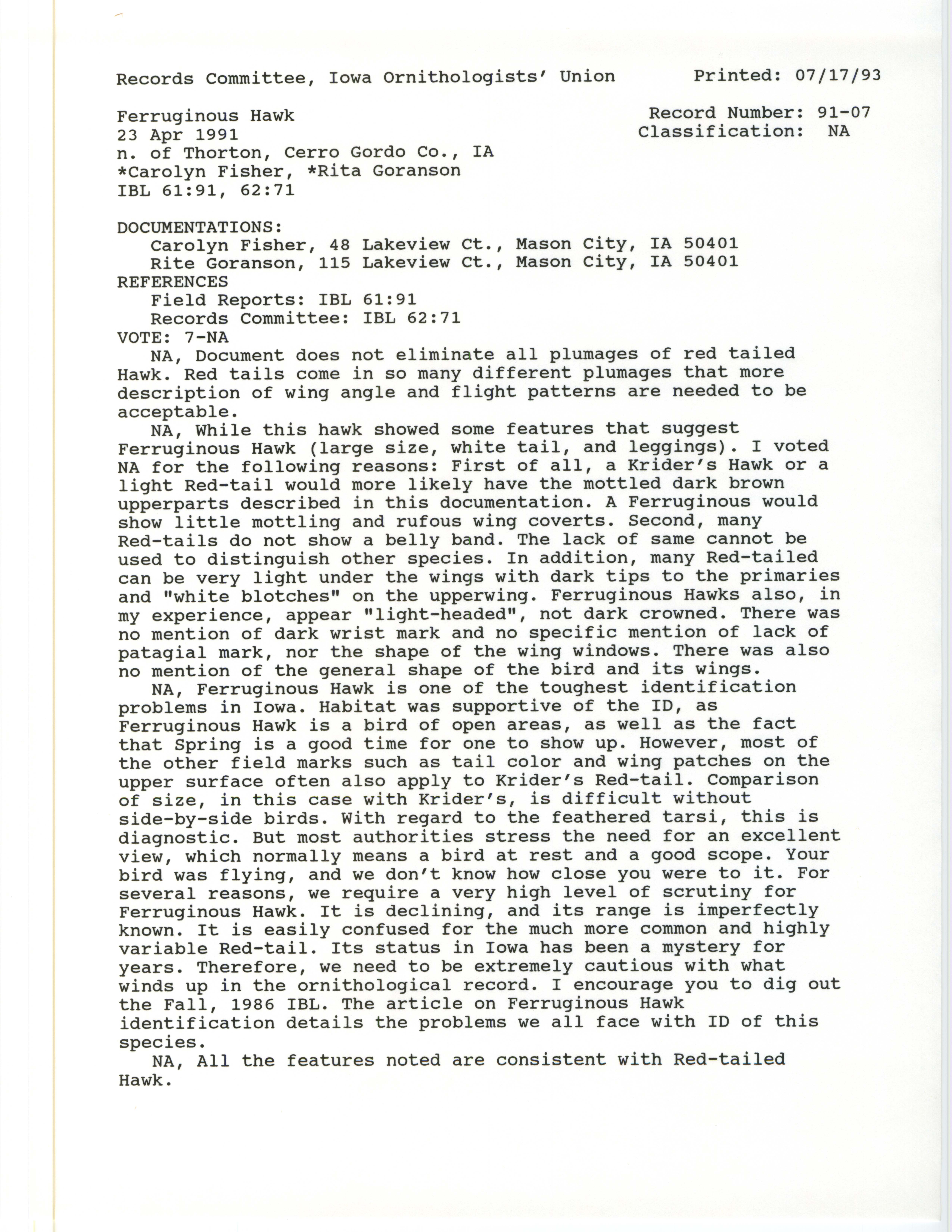 Records Committee review for rare bird sighting of Ferruginous Hawk at Thornton, 1991