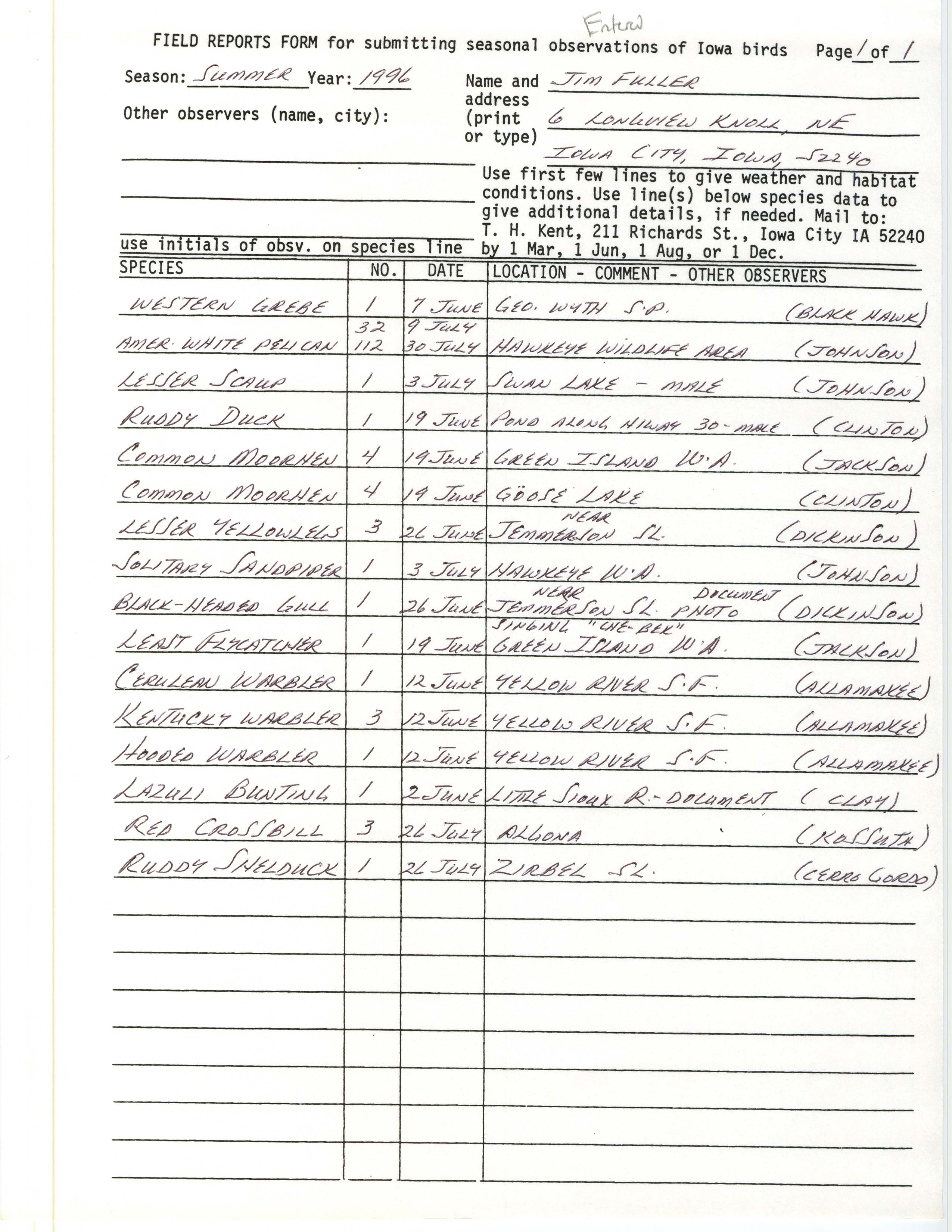 Field reports form for submitting seasonal observations of Iowa birds, James L. Fuller, summer 1996