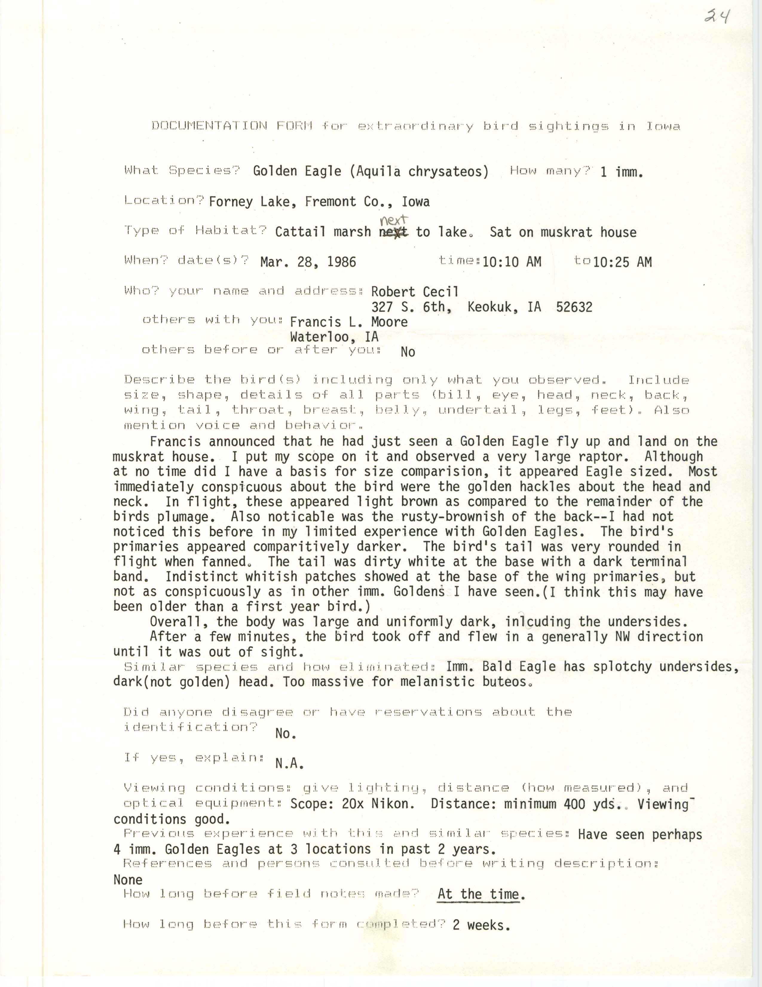 Rare bird documentation form for Golden Eagle at Forney Lake, 1986