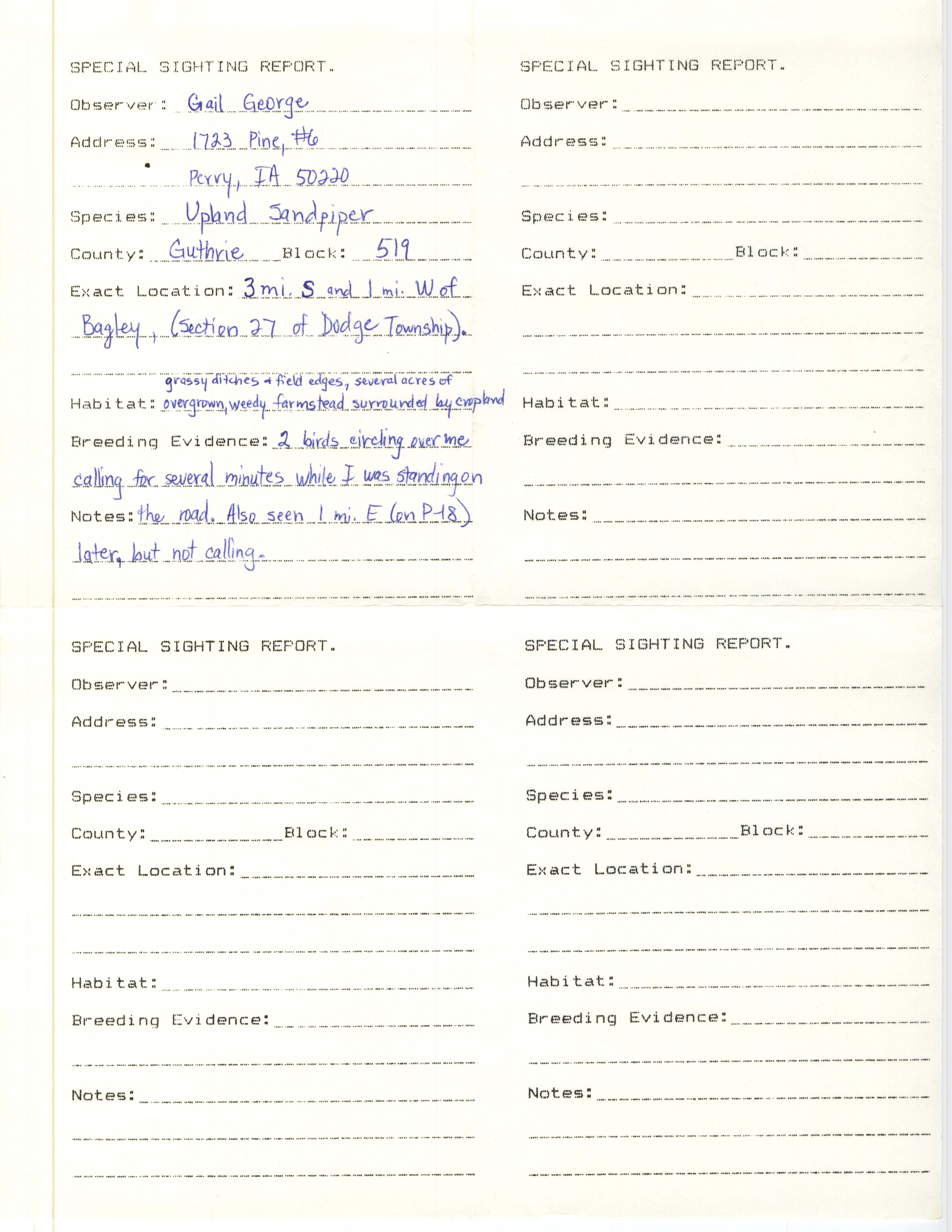 Special sighting report, Gail George, summer 1987