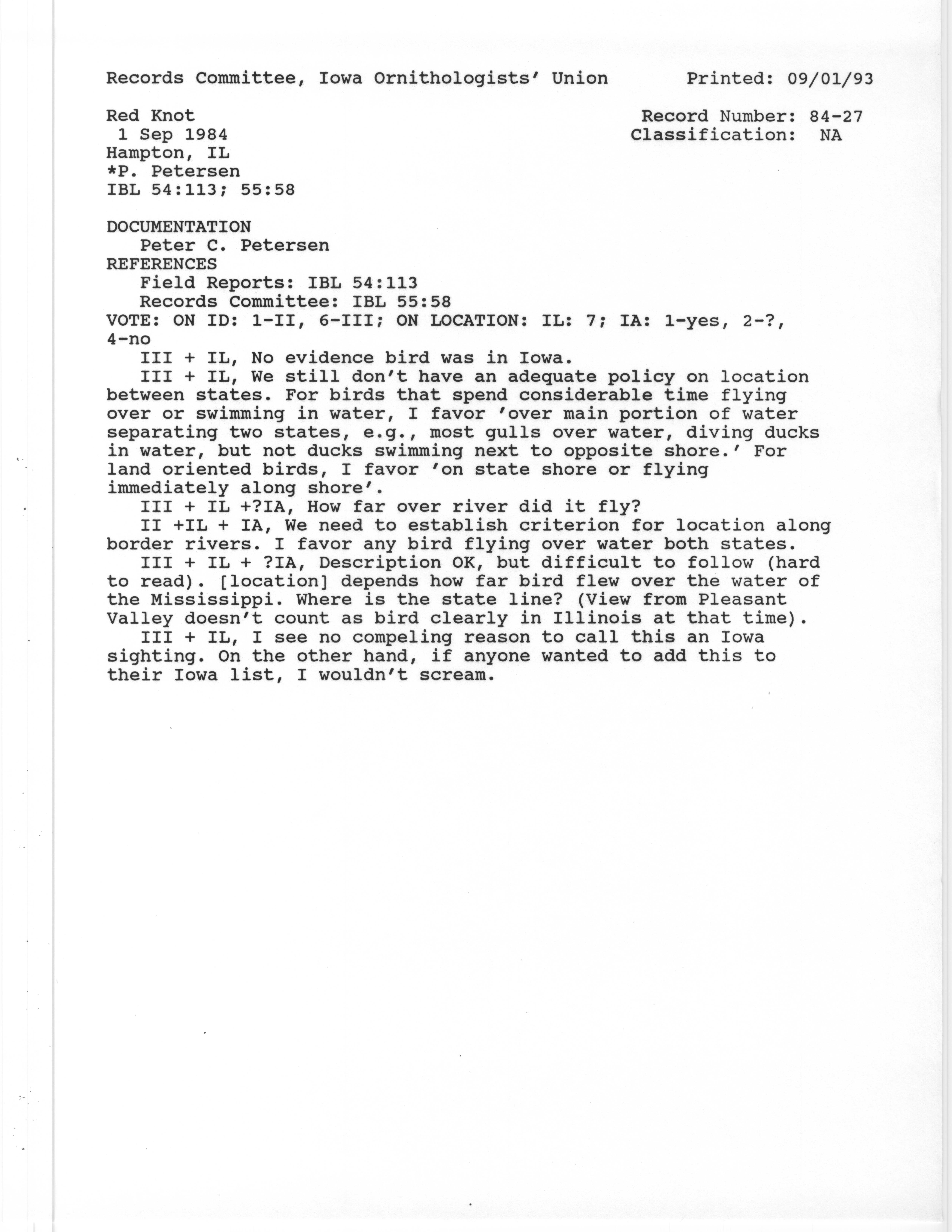 Records Committee review for rare bird sighting of Red Knot at Hampton, IL, 1984