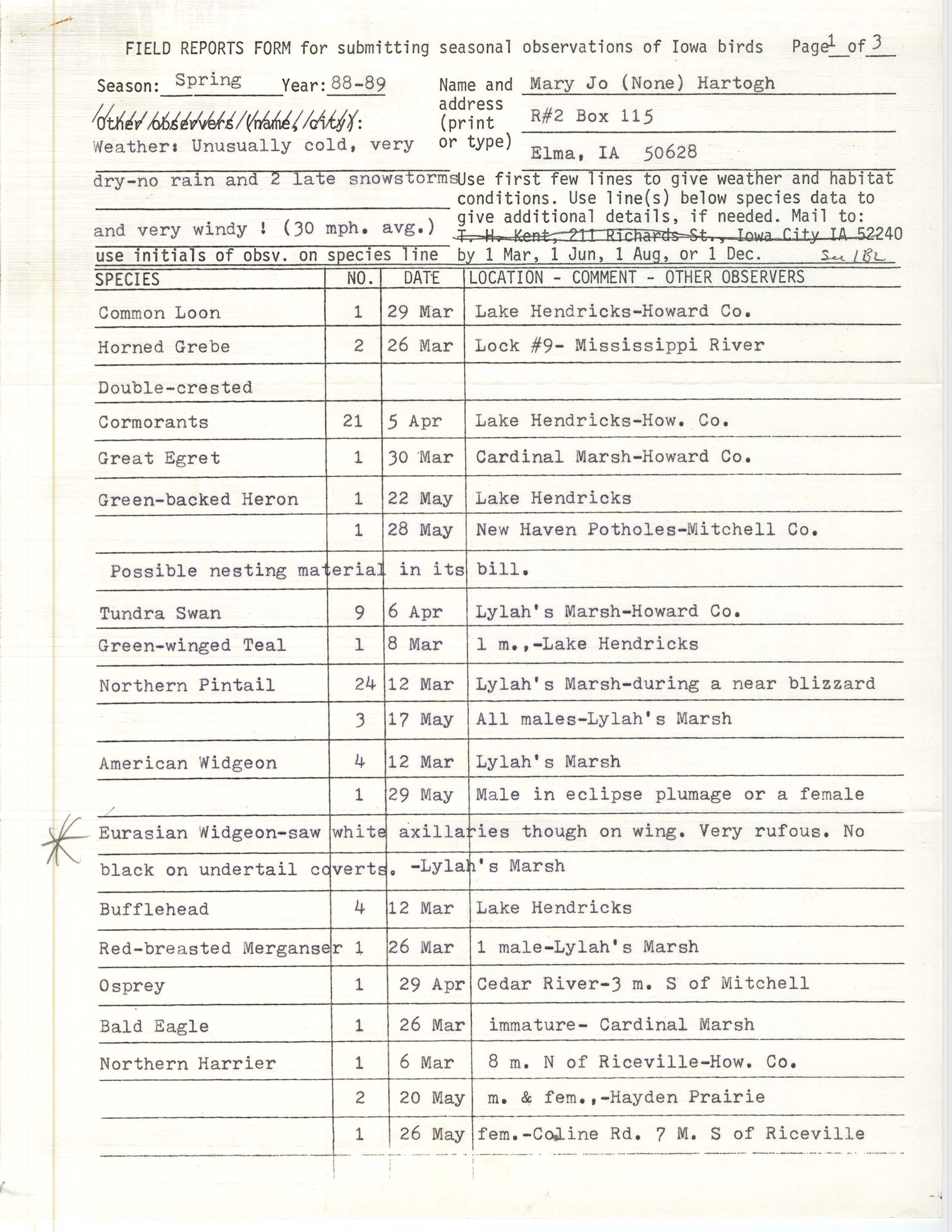 Field reports form for submitting seasonal observations of Iowa birds, Mary Jo Hartogh, spring 1988