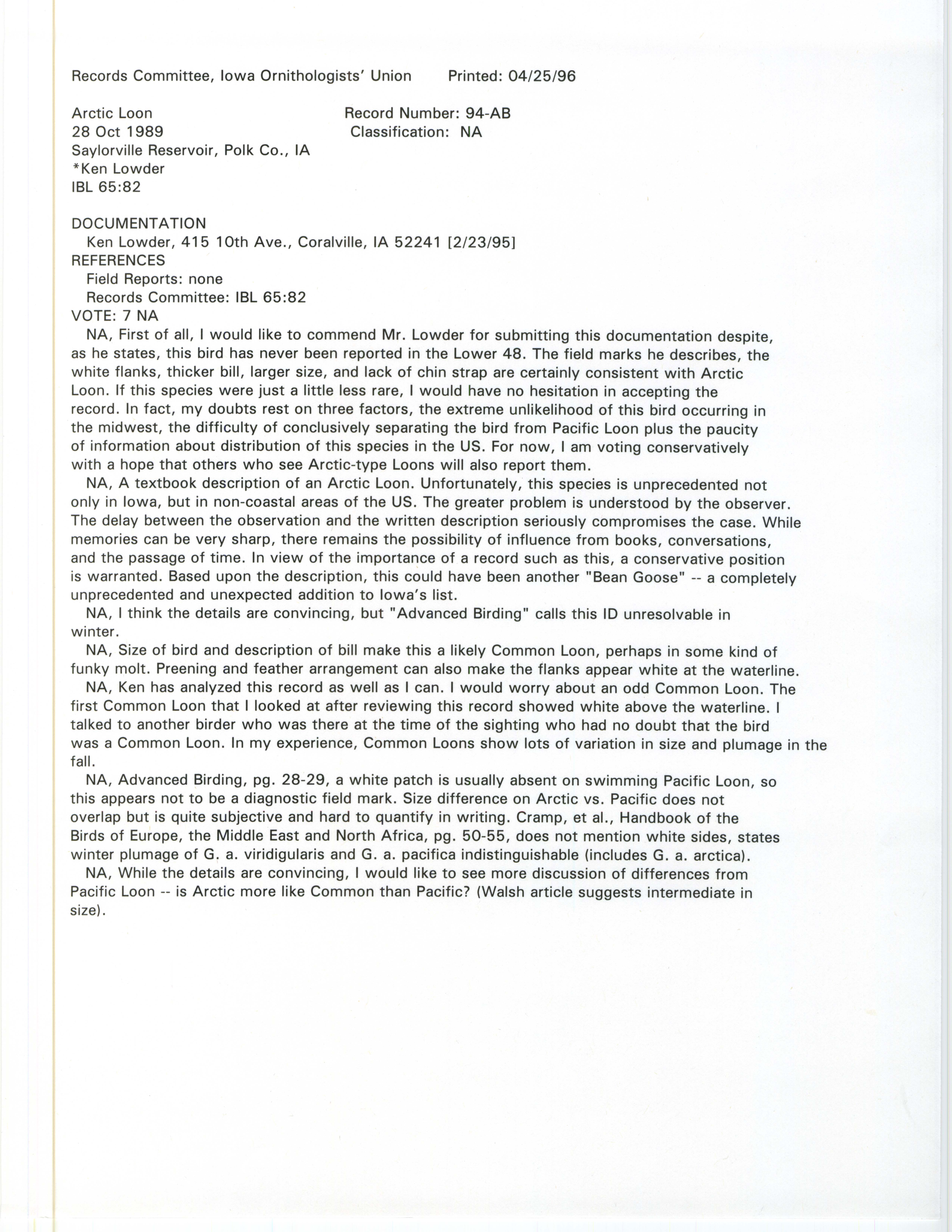 Records Committee review rare bird sighting of Arctic Loon at Saylorville Reservoir, 1989