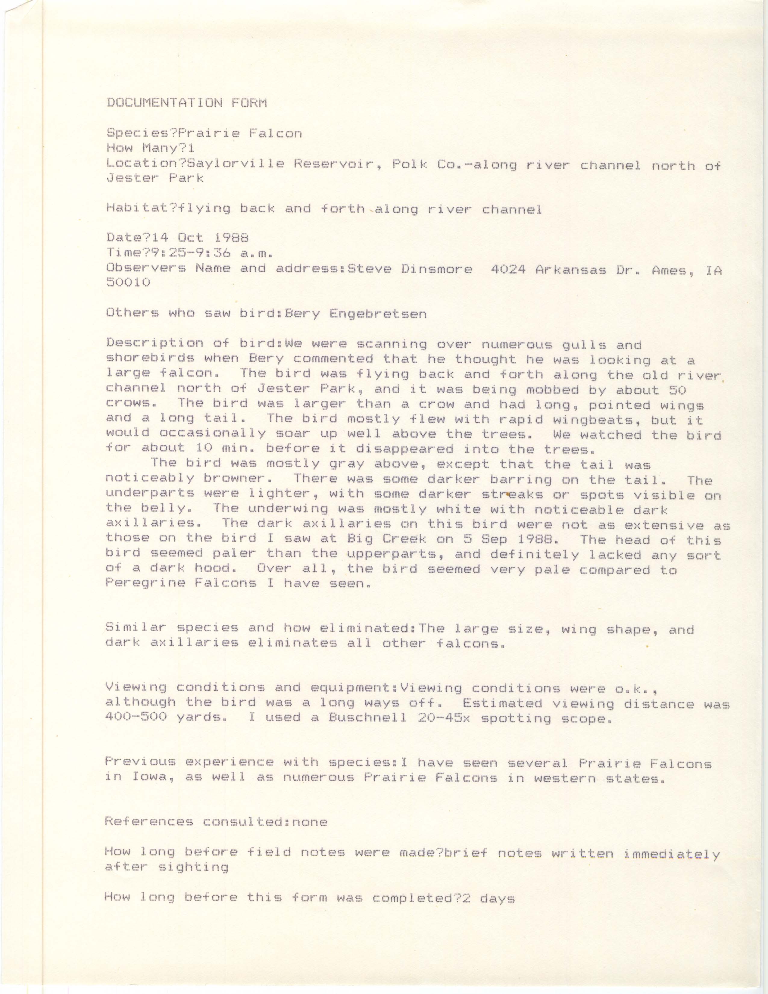 Rare bird documentation form for Prairie Falcon at Saylorville Reservoir, 1988