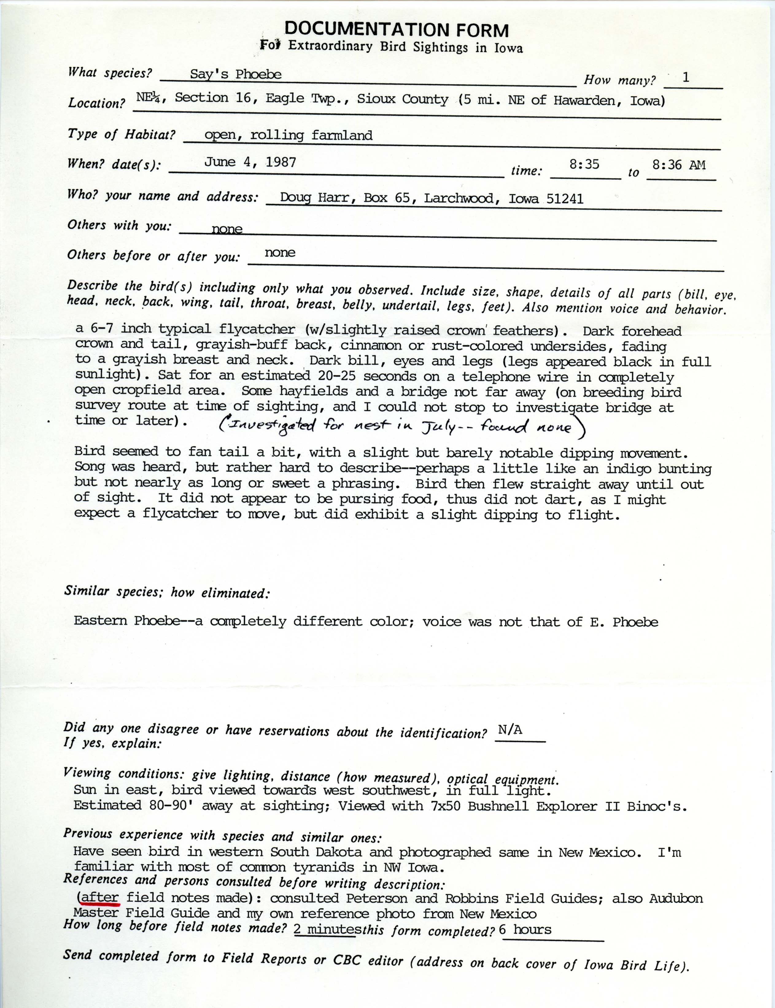 Rare bird documentation form for Say's Phoebe at Eagle Township in Sioux County, 1987