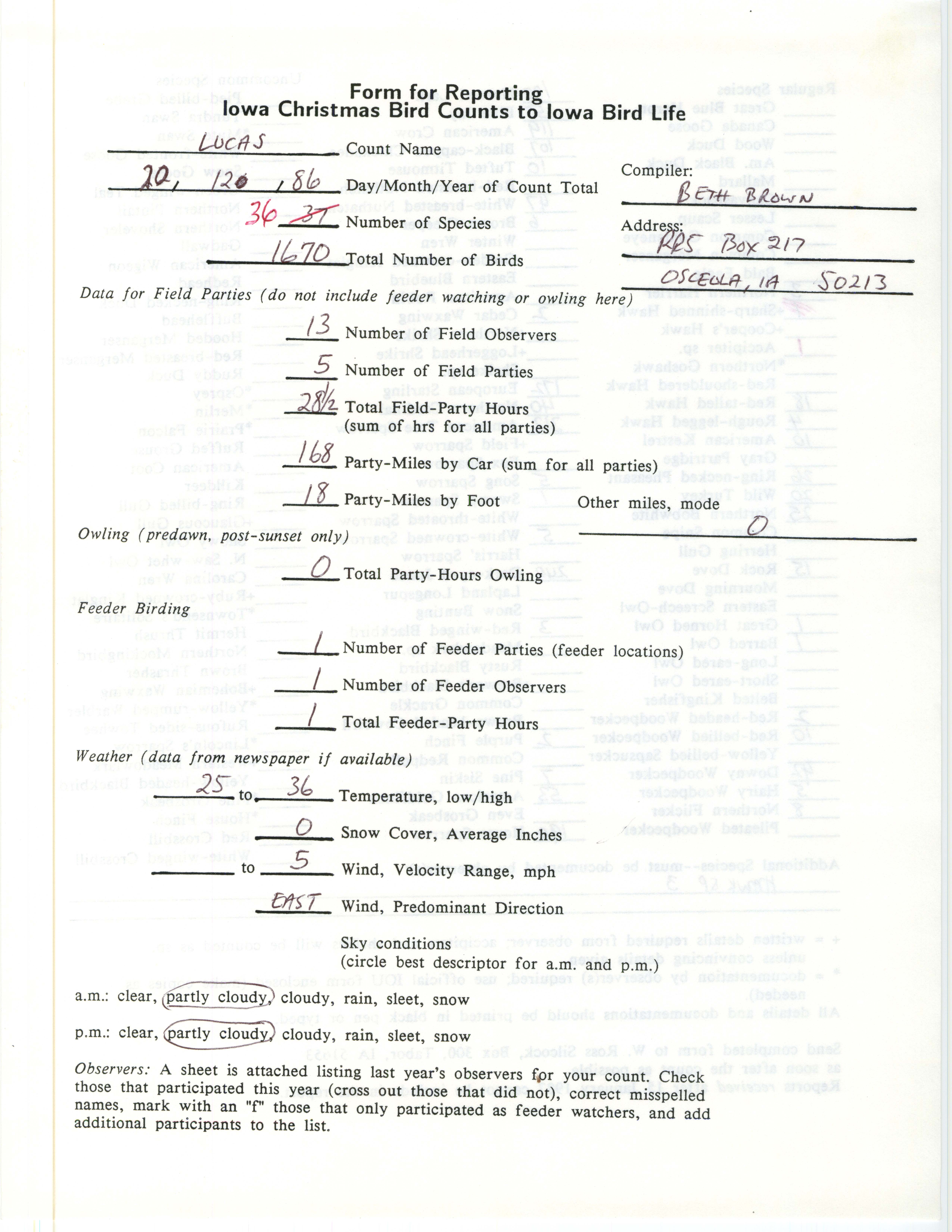 Form for reporting Iowa Christmas bird counts to Iowa Bird Life, Beth Brown, December 20, 1986