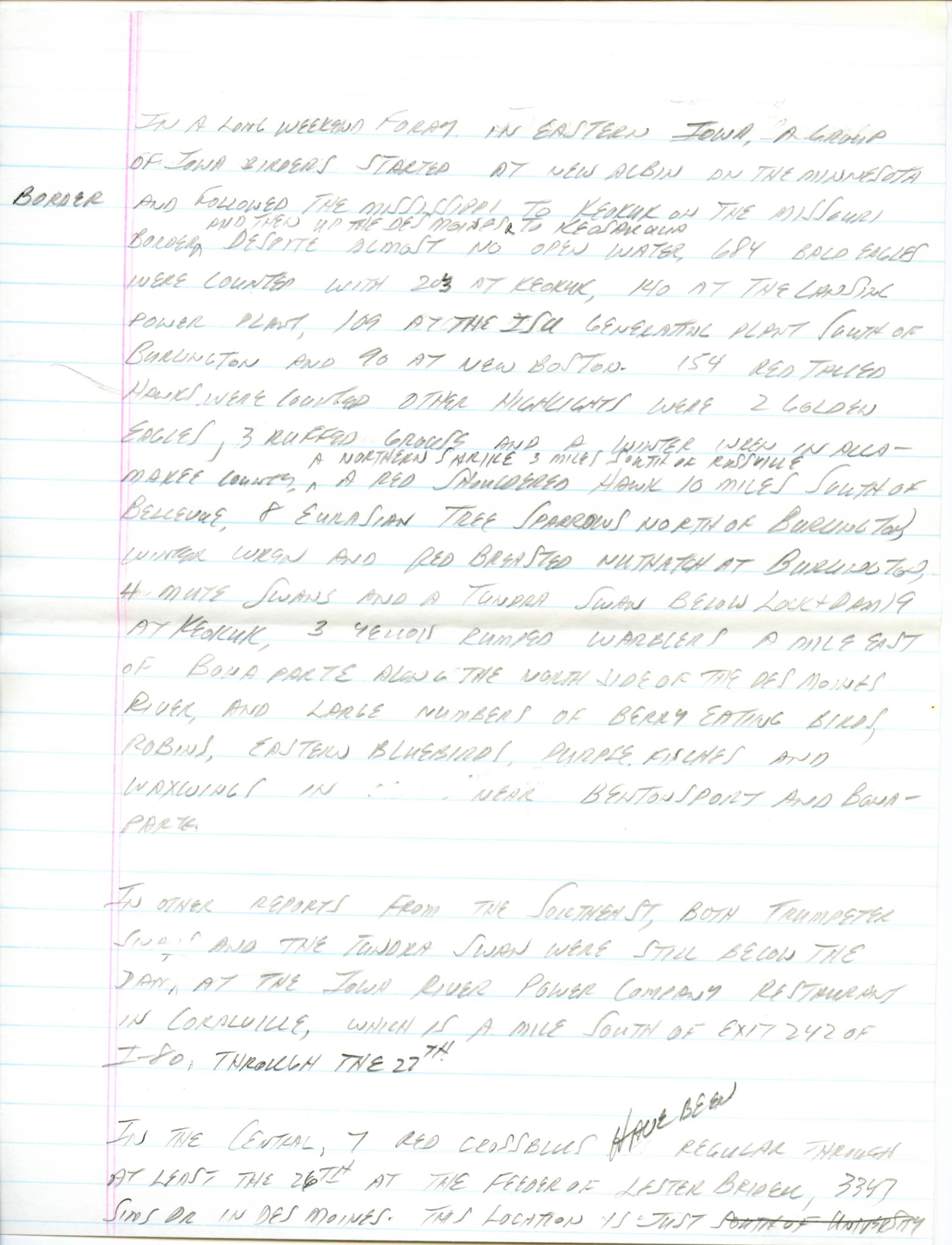 Iowa Birdline update, January 28, 1991 notes