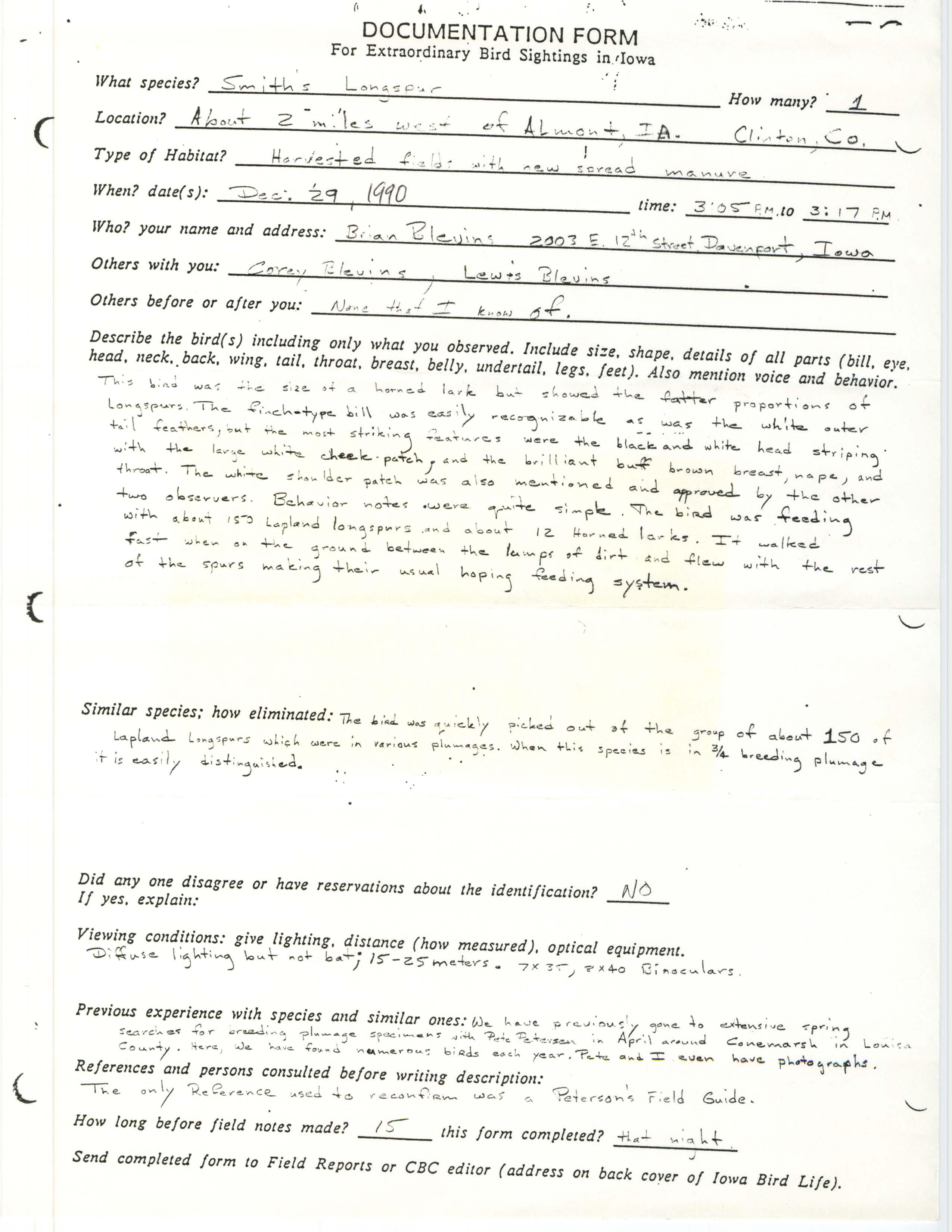 Rare bird documentation form for Smith's Longspur west of Almont, 1990