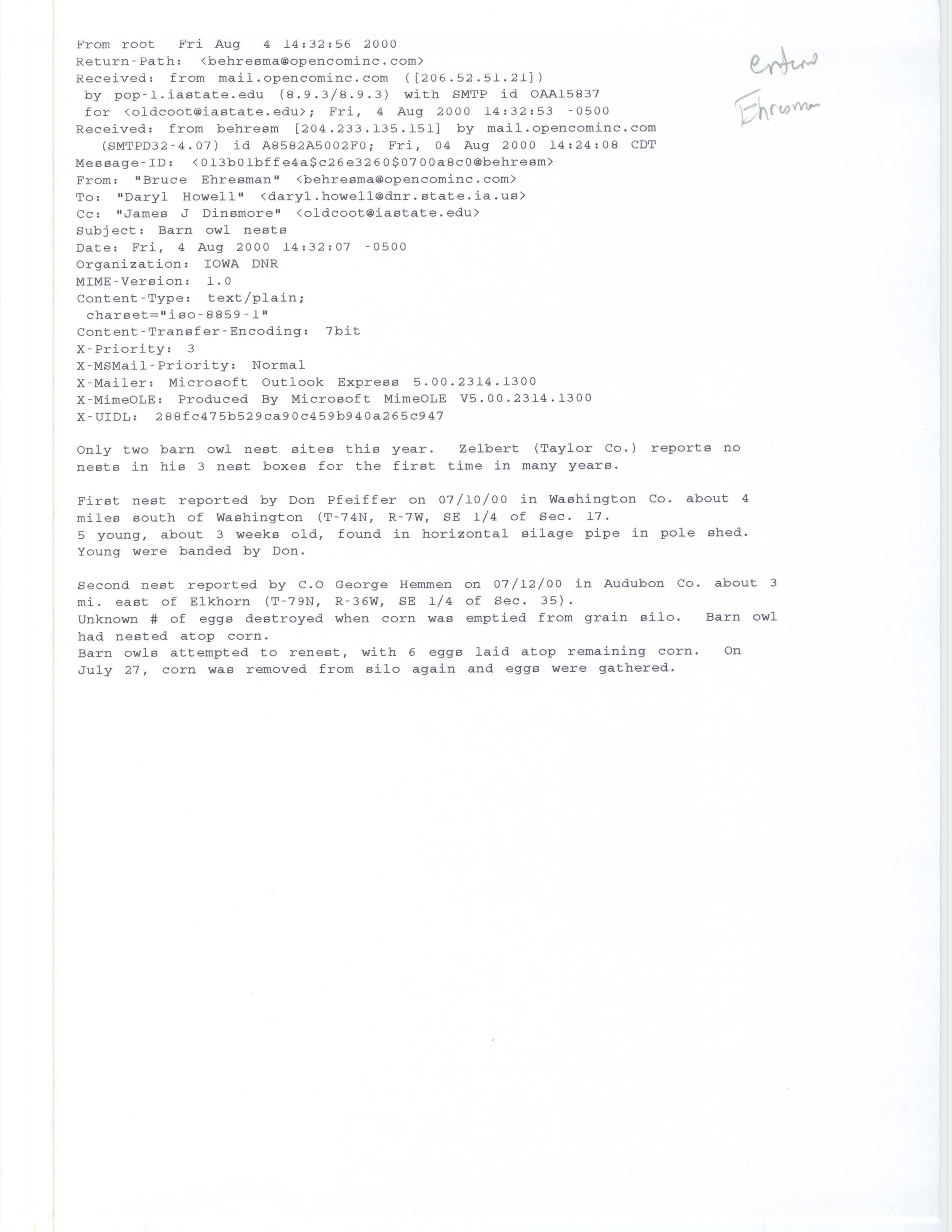 Bruce Ehresman email to Daryl Howell and James J. Dinsmore regarding Barn Owl nests, August 4, 2000
