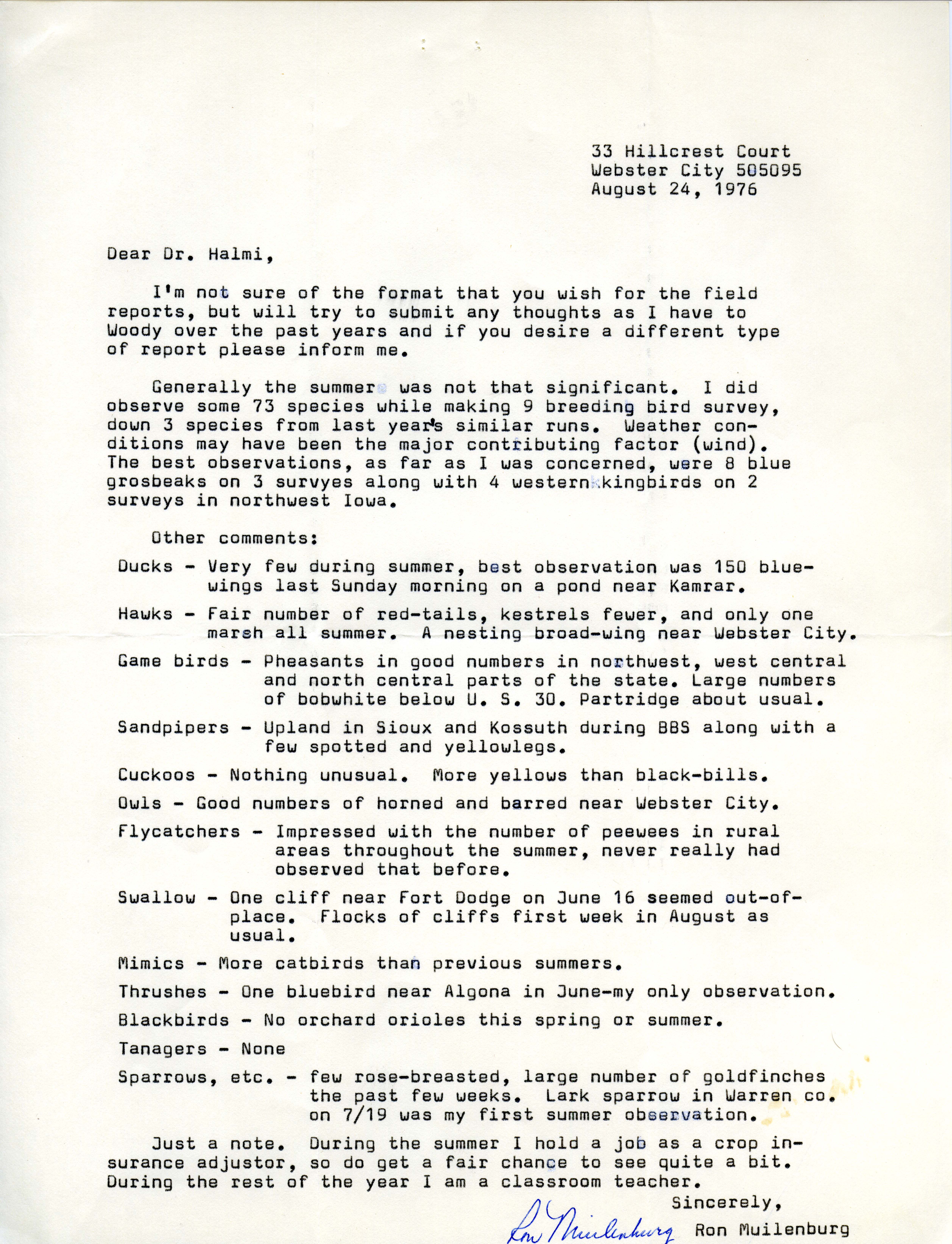 Ron Muilenburg letter to Nicholas S. Halmi regarding fall migration, 1976