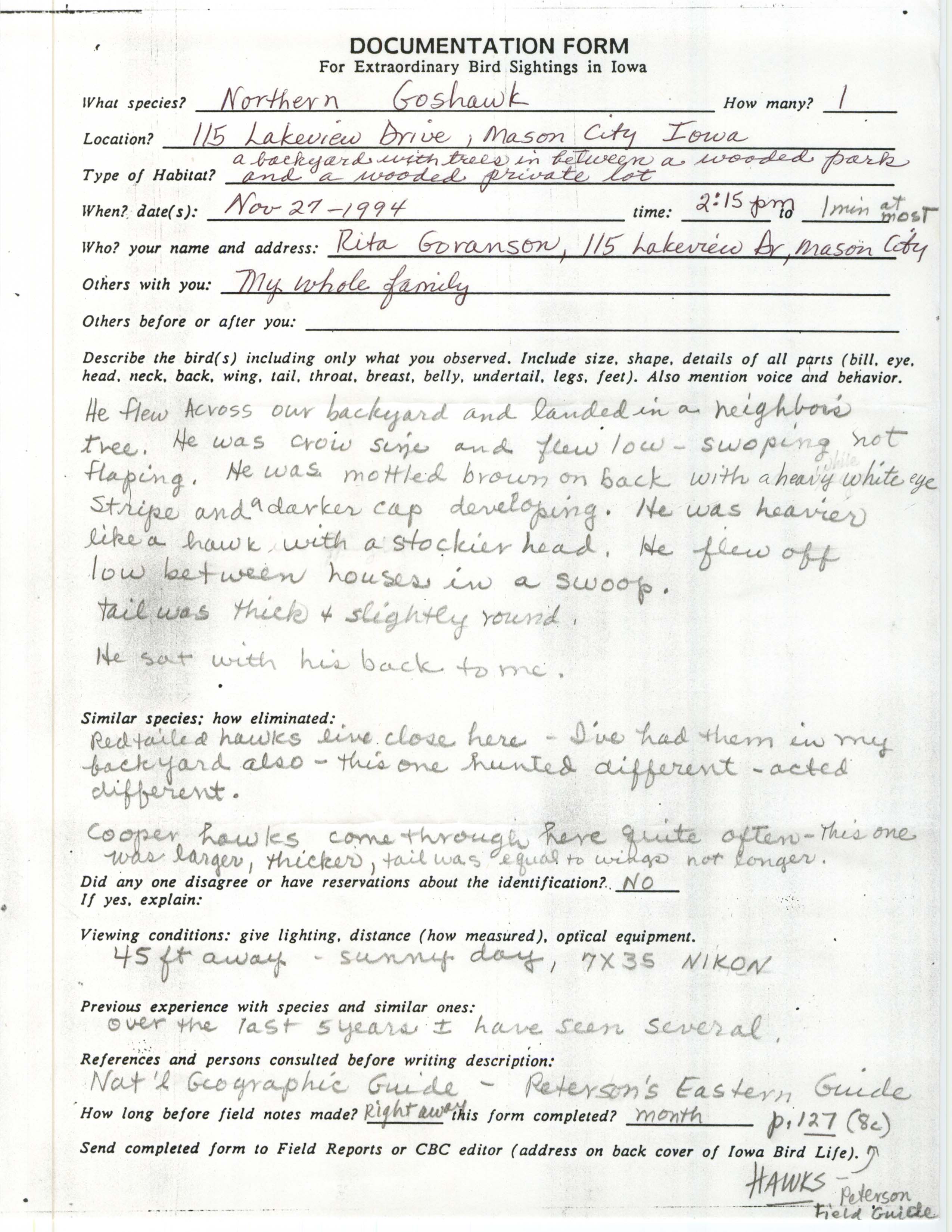 Rare bird documentation form for Northern Goshawk at Mason City, 1994