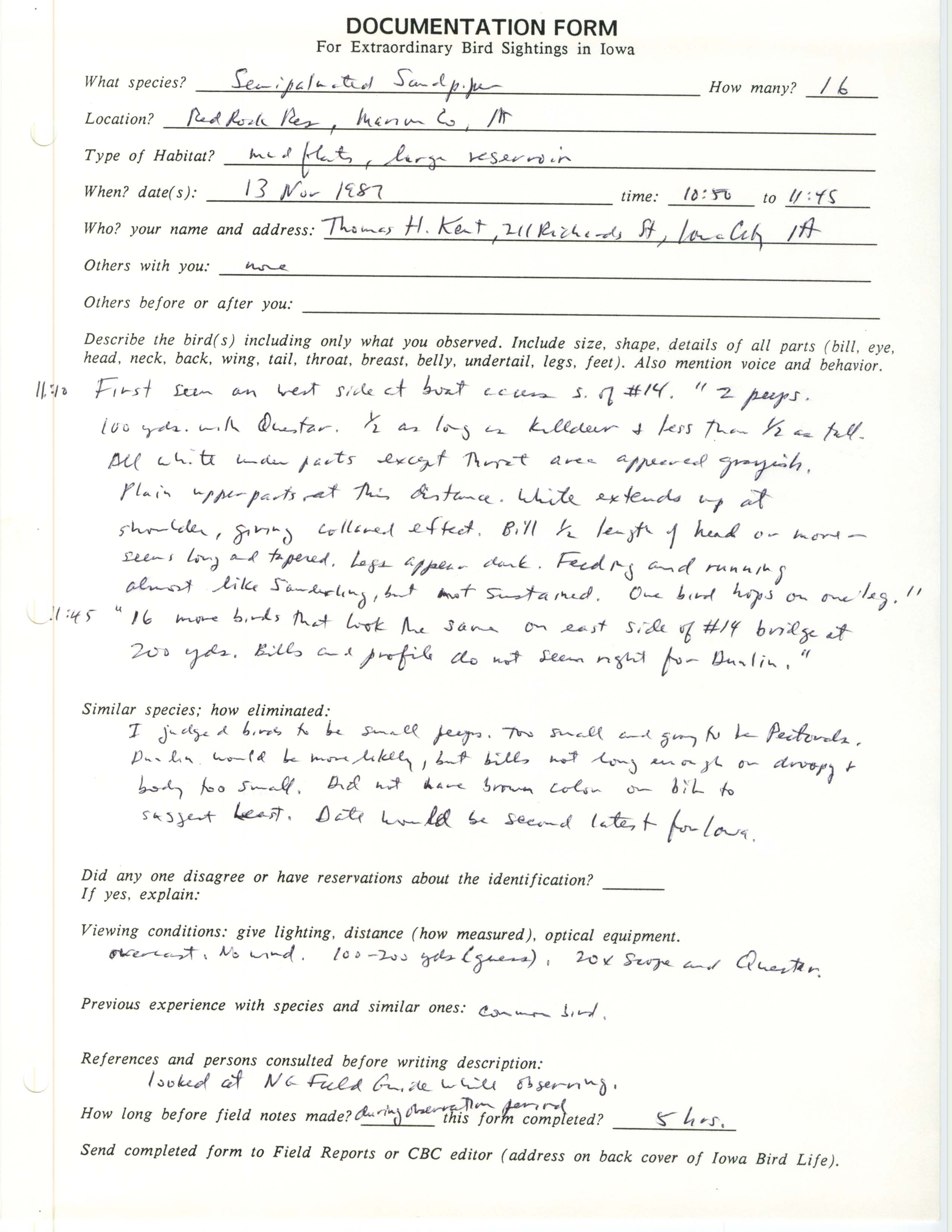 Rare bird documentation form for Semipalmated Sandpiper at Red Rock Reservoir, 1987