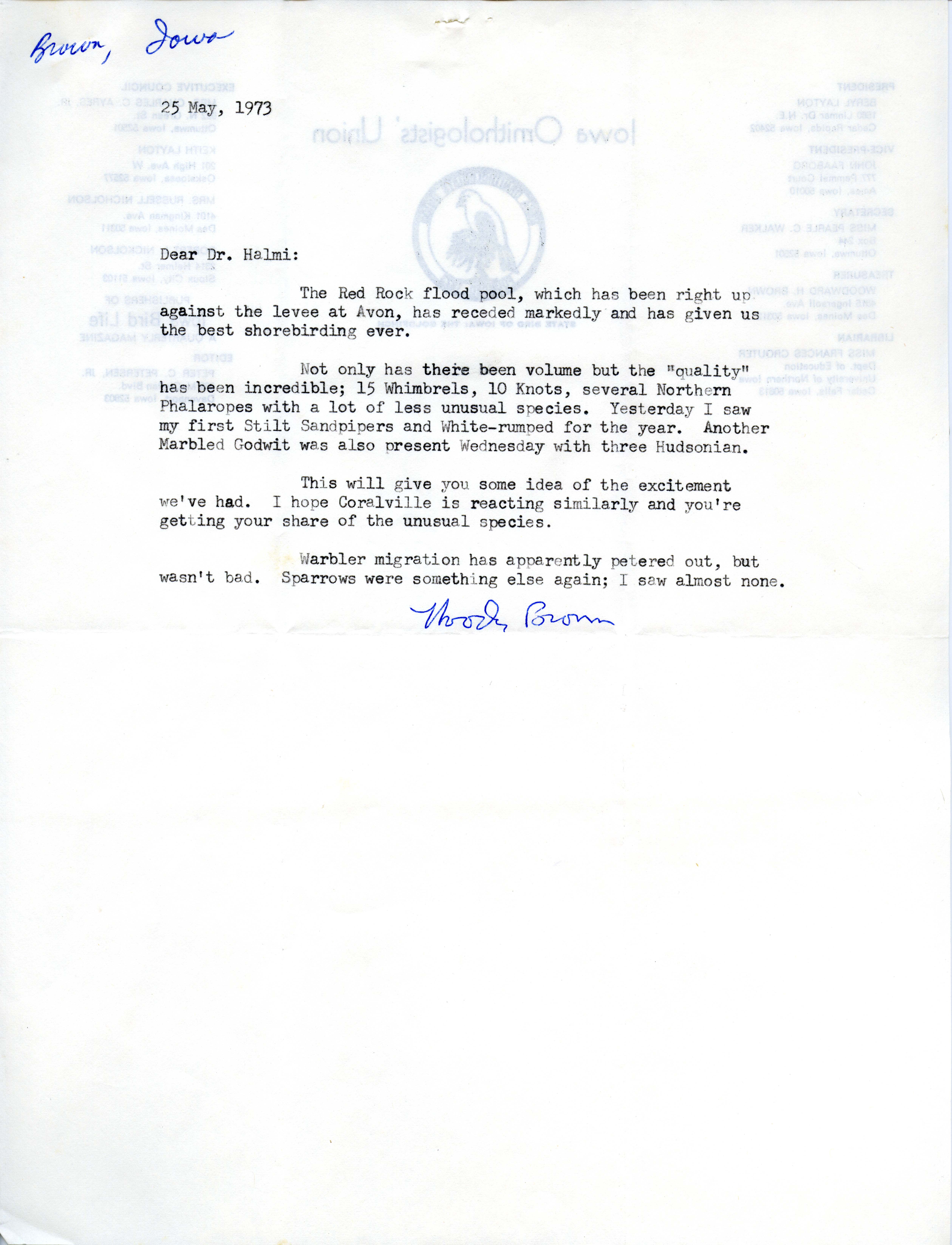 Woodward H. Brown letter to Nicholas S. Halmi regarding shorebirds and others seen after the Red Rock flood pool receded, May 25, 1973