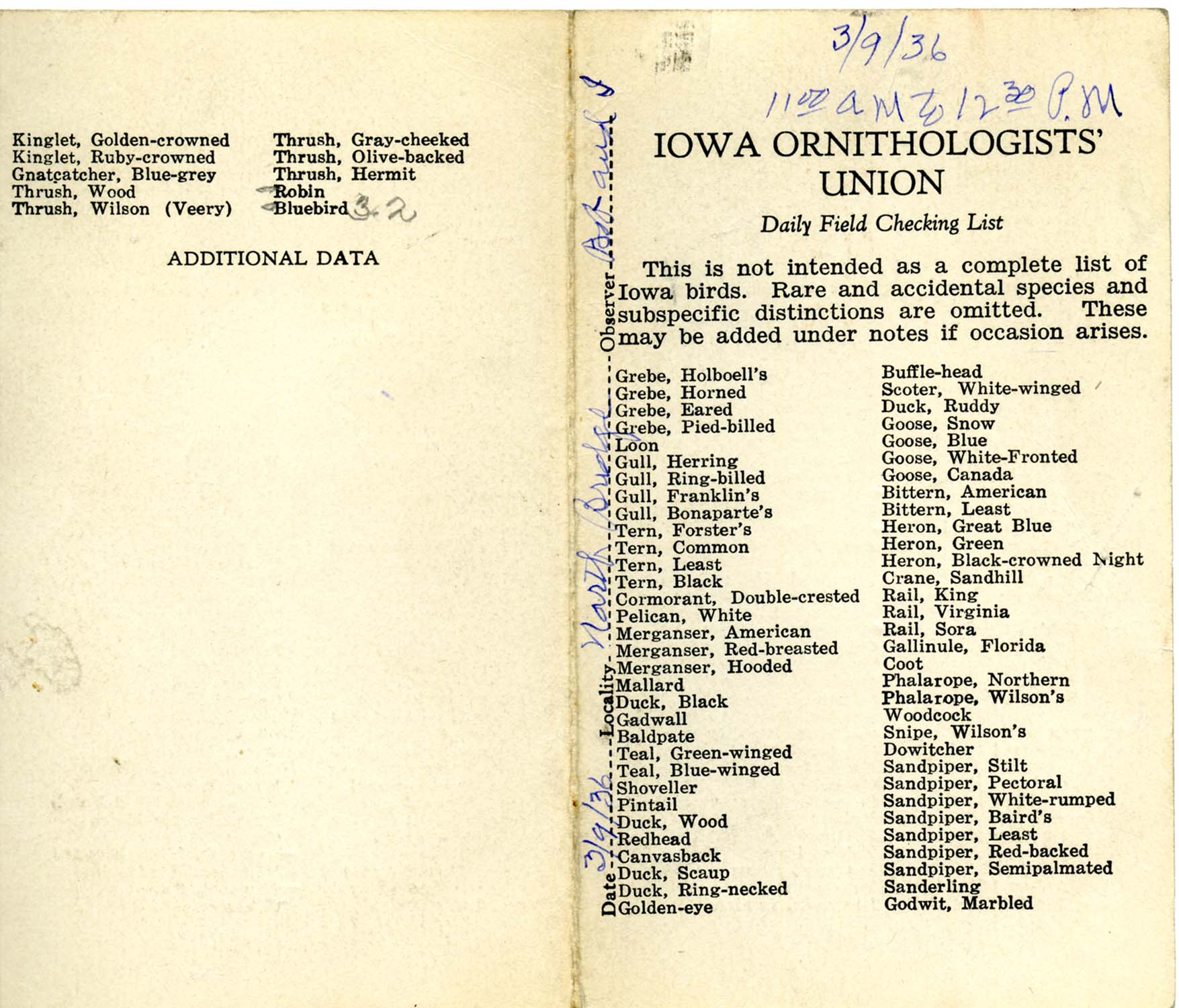 Daily field checking list by Walter Rosene, March 9, 1936