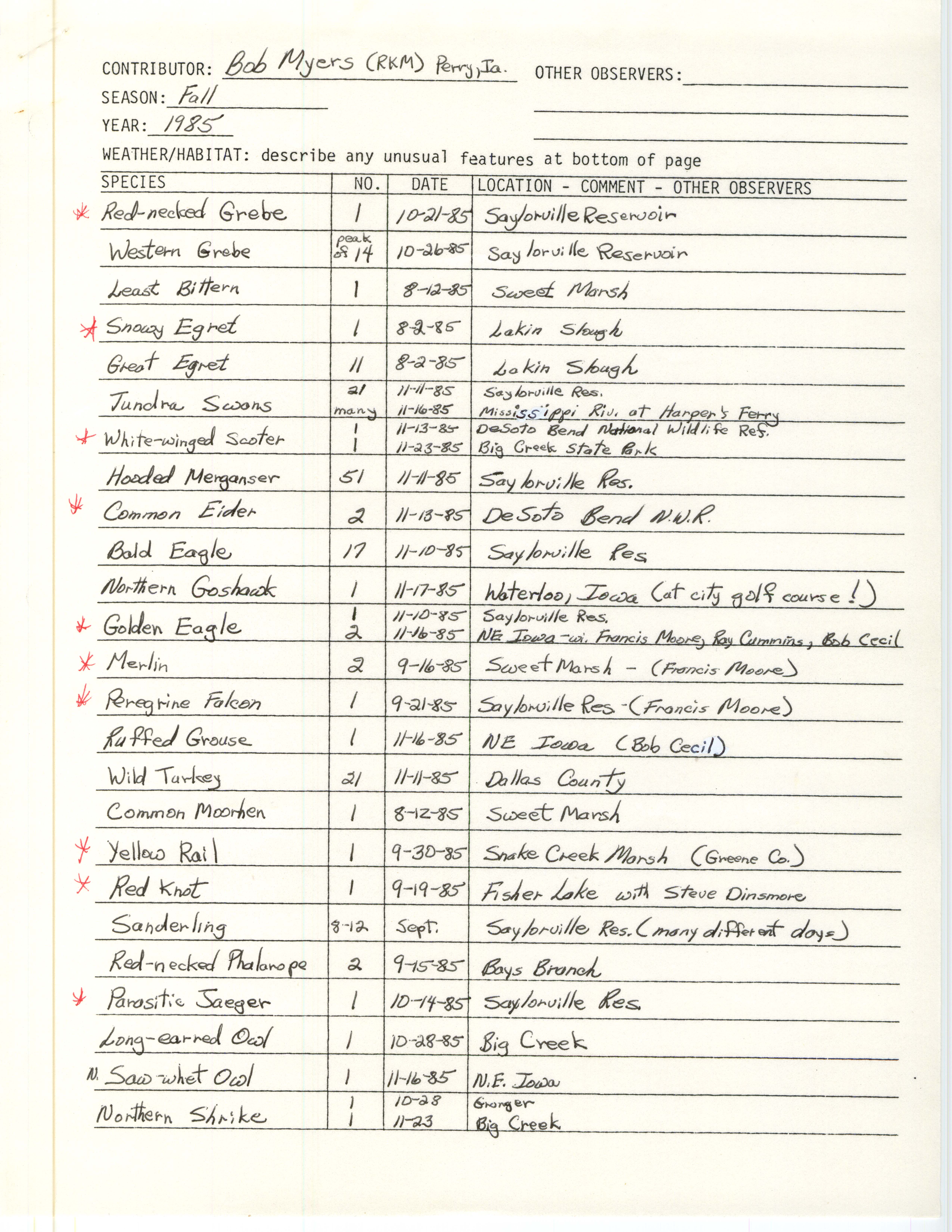 Annotated bird sighting list for Fall 1985 compiled by Bob Myers
