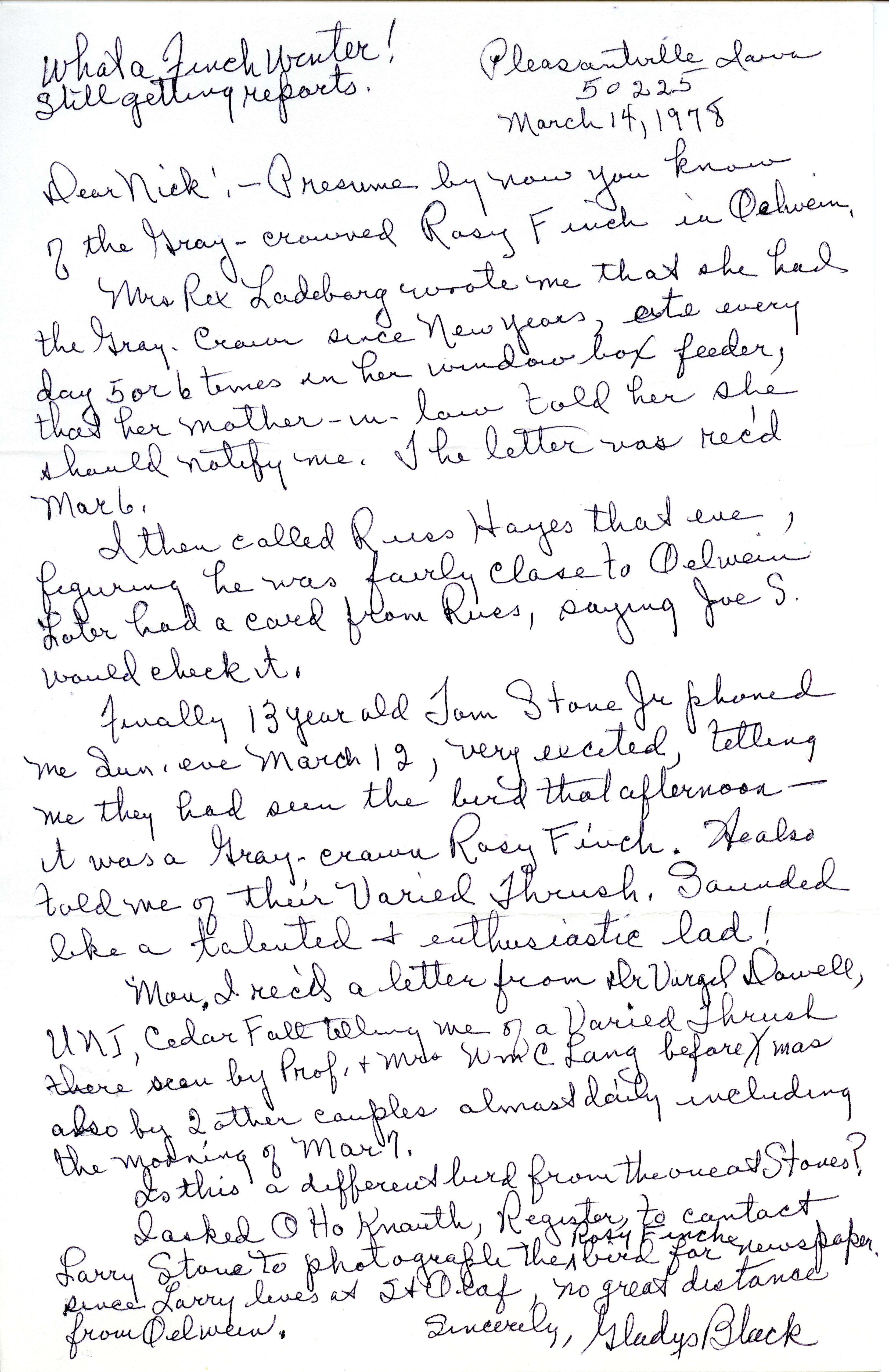 Gladys Black letters to Nicholas S. Halmi regarding bird sightings, March 14 and 21, 1978