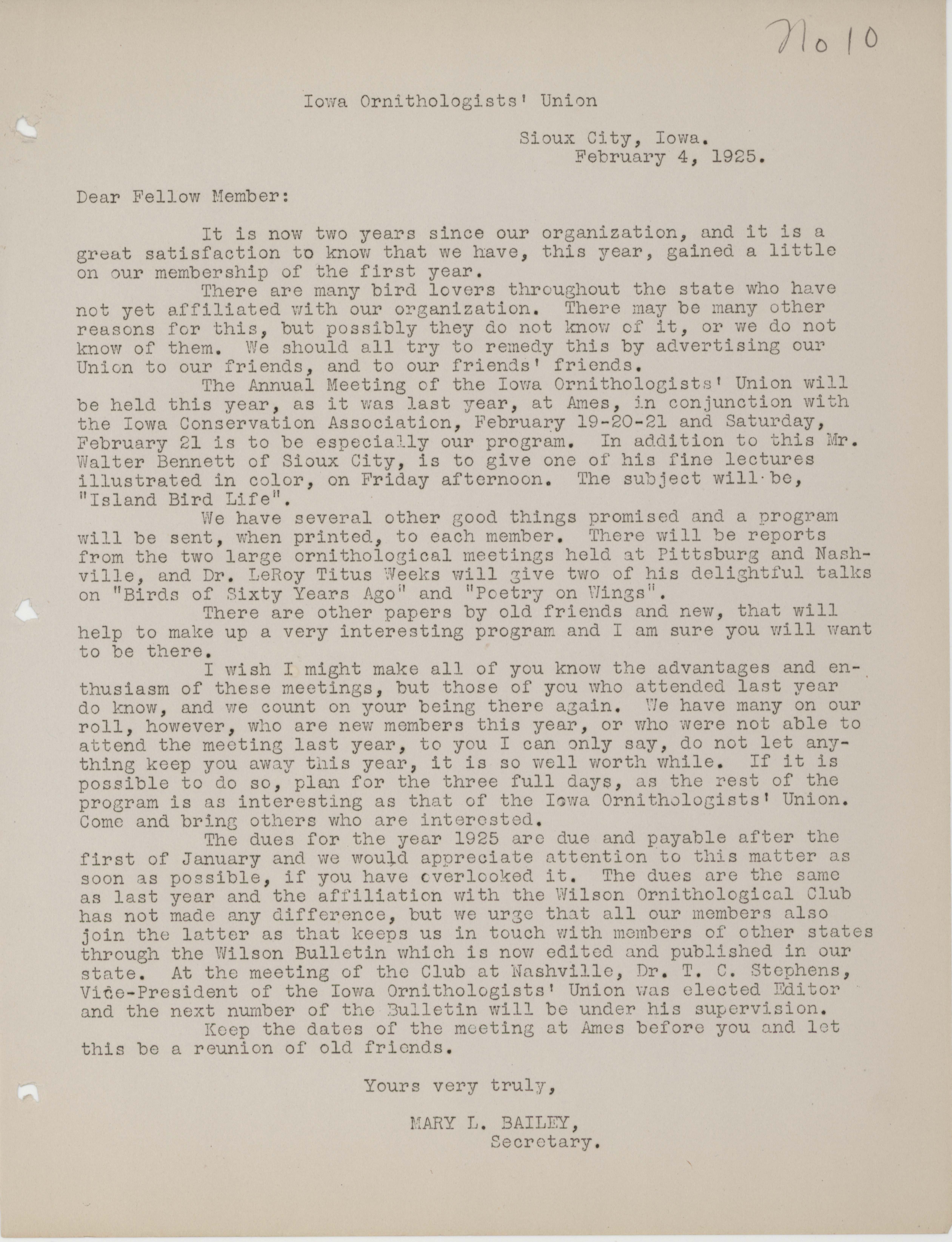 Letter to members of the Iowa Ornithologists' Union regarding the annual meeting, February 4, 1925
