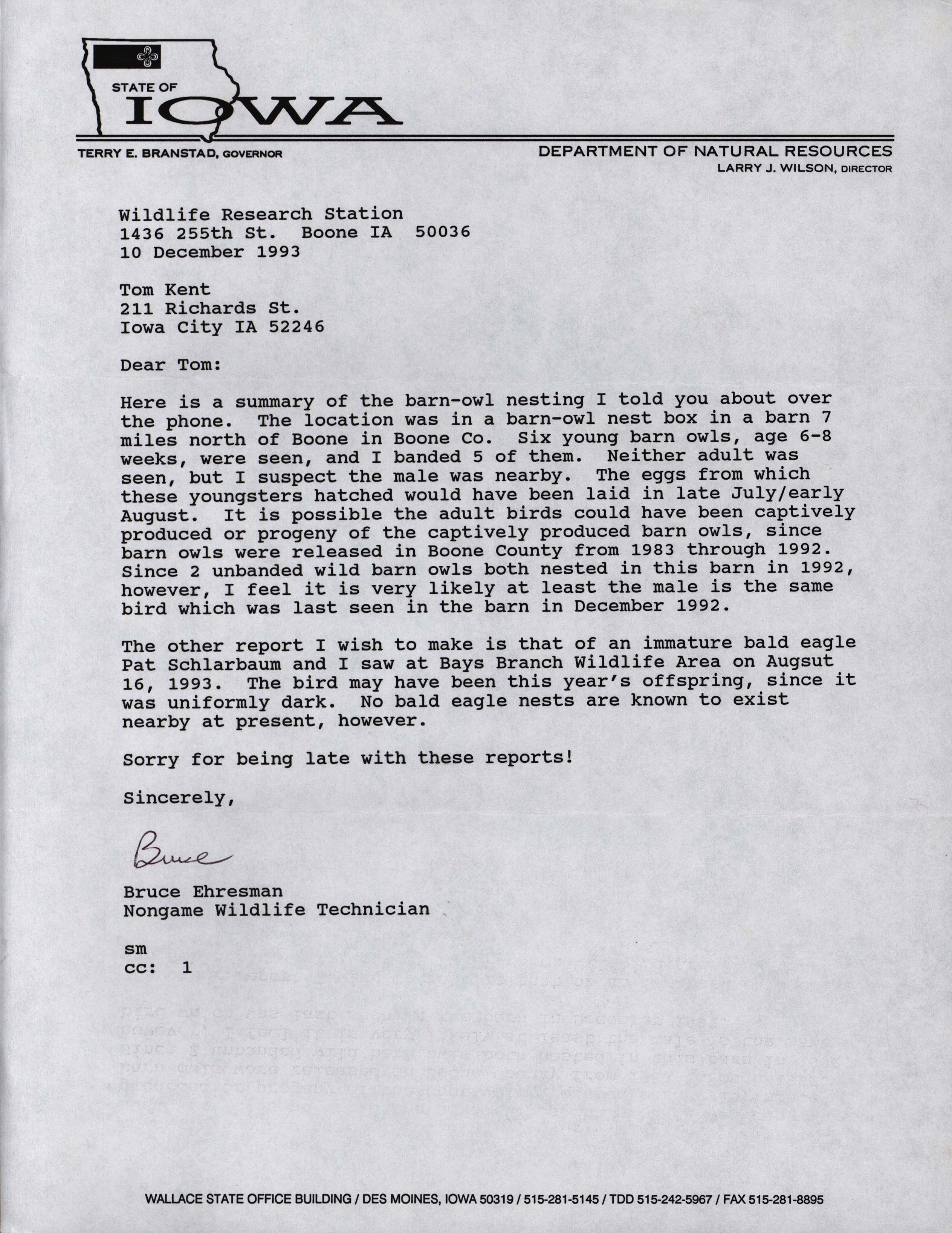 Bruce Ehresman letter to Thomas H. Kent regarding a Barn Owl nest in Boone County, December 10, 1993