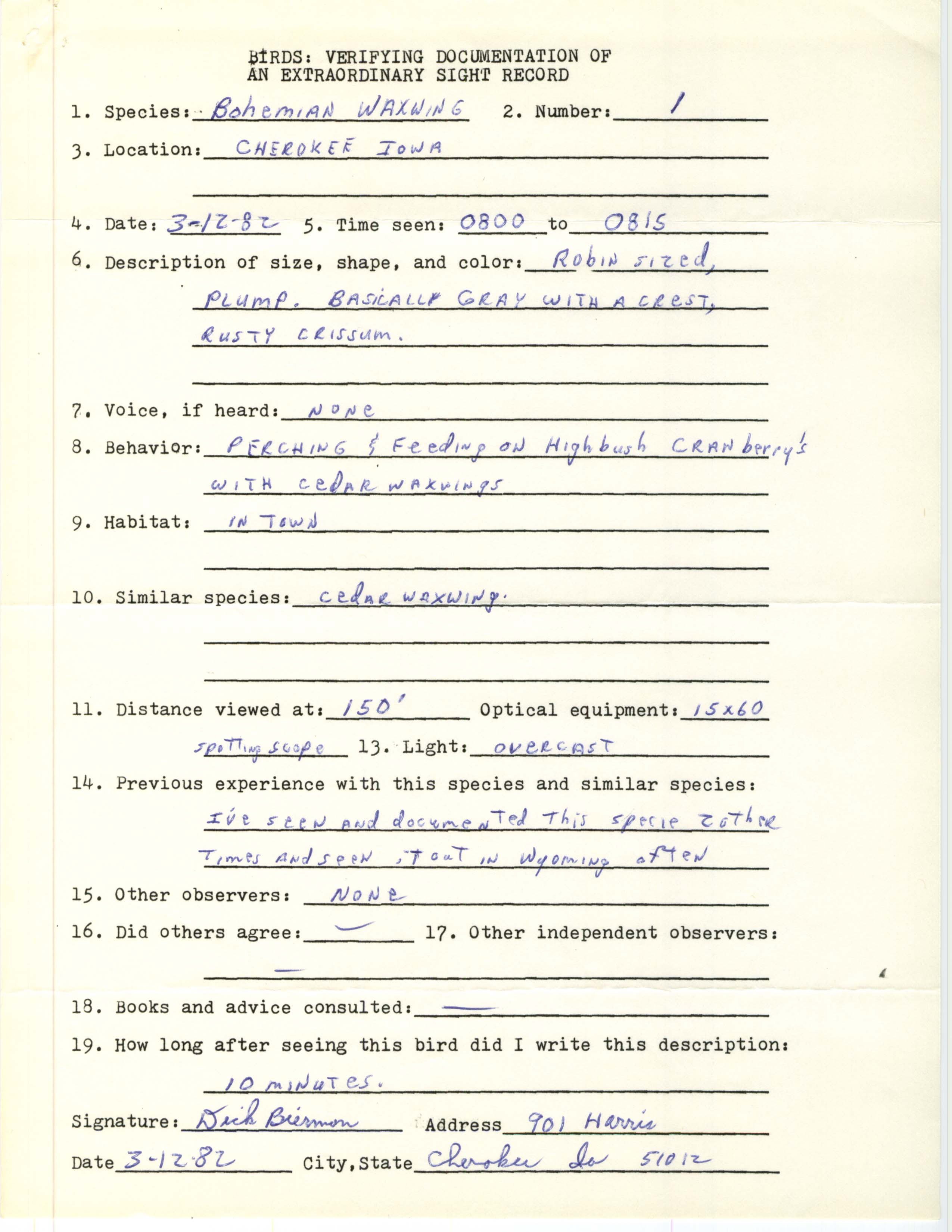 Rare bird documentation form for Bohemian Waxwing at Cherokee, 1982