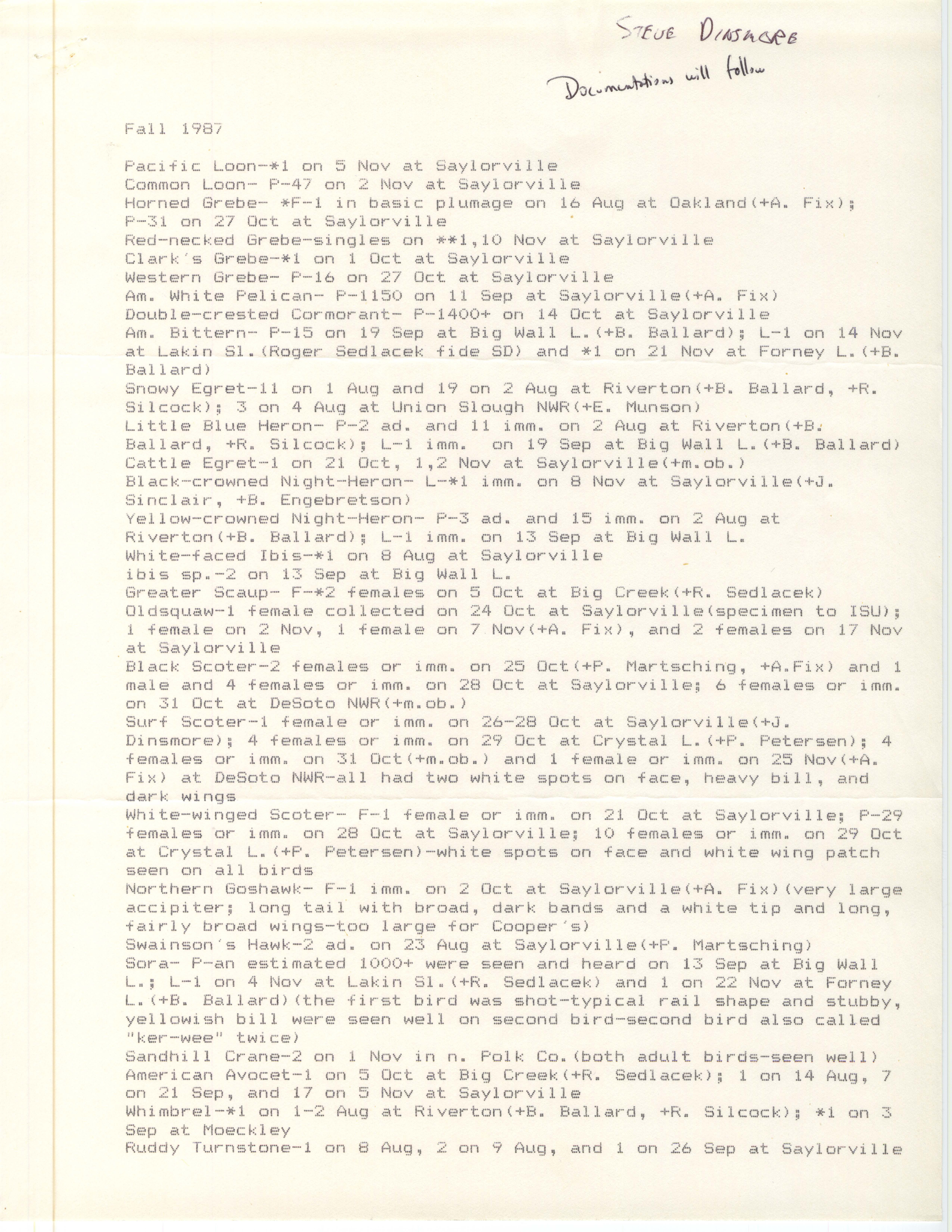 Field notes contributed by Stephen J. Dinsmore, fall 1987