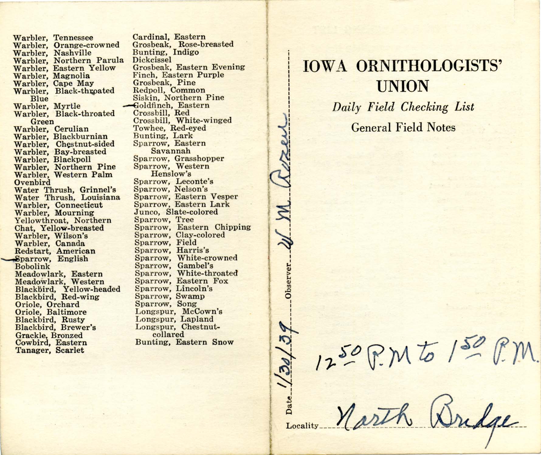 Daily field checking list by Walter Rosene, January 30, 1939