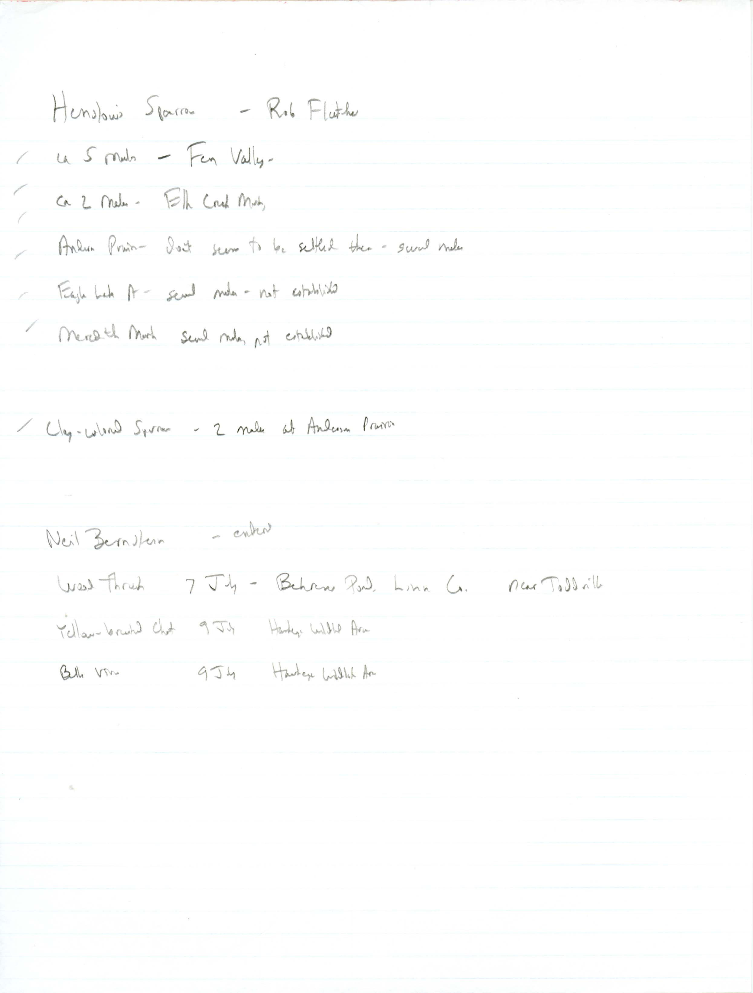 Annotated bird sighting list for summer 1999 compiled by Rob Fletcher