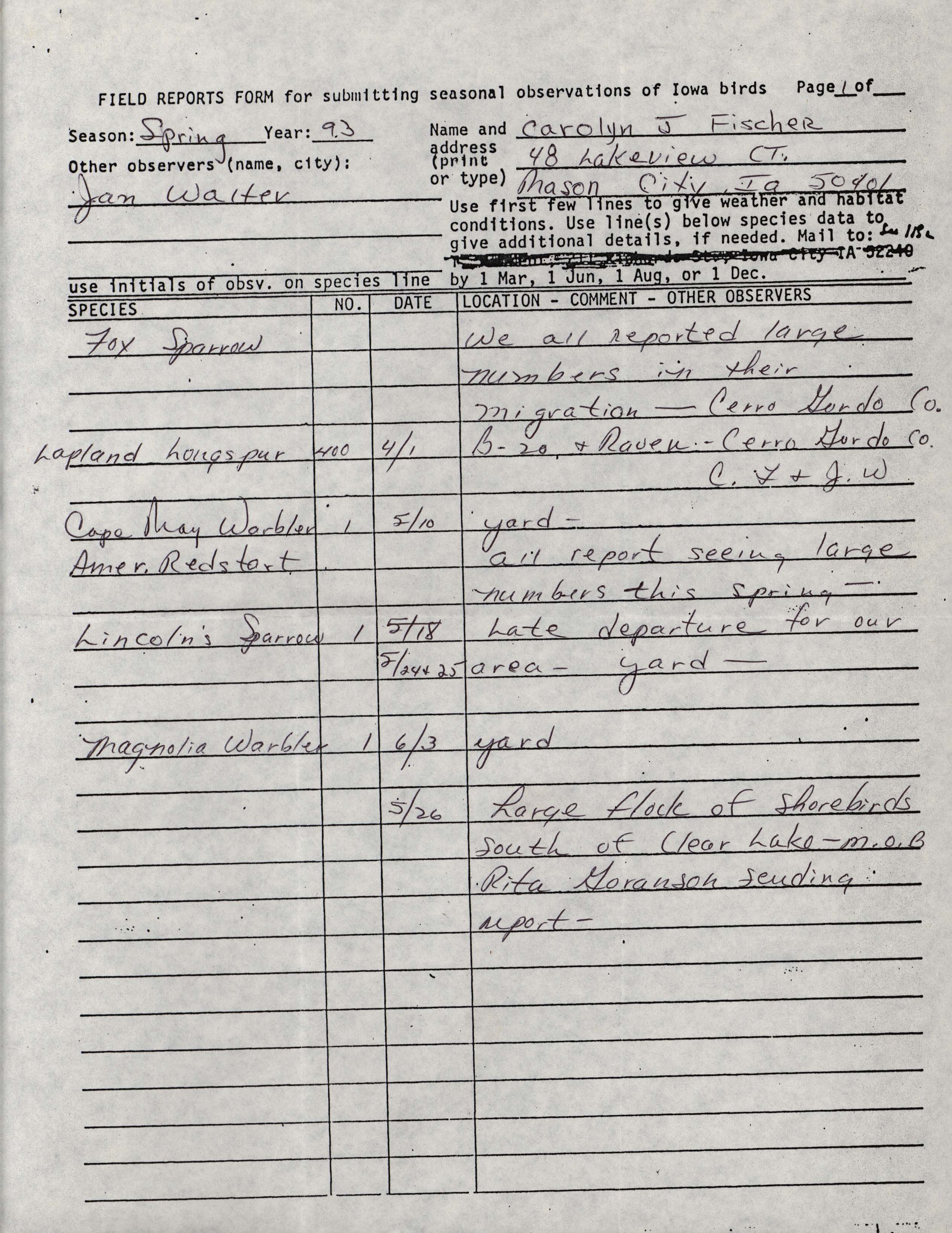 Field reports form for submitting seasonal observations of Iowa birds, Carolyn Fischer, Spring 1993