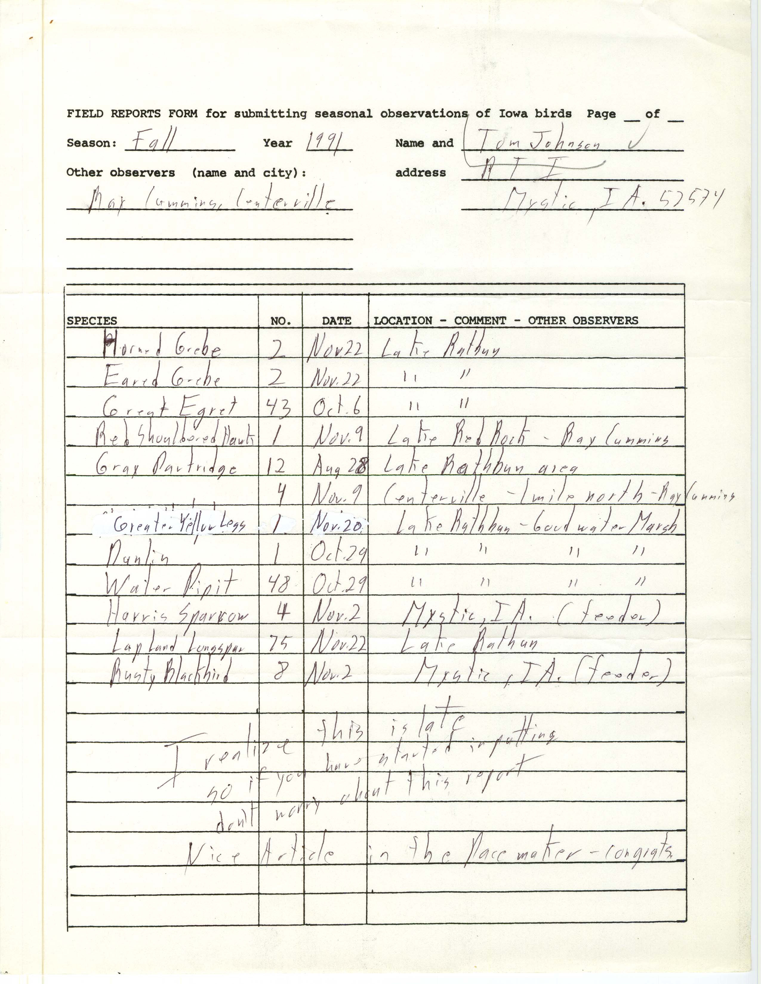 Field reports form for submitting seasonal observations of Iowa birds, Tom Johnson, fall 1991