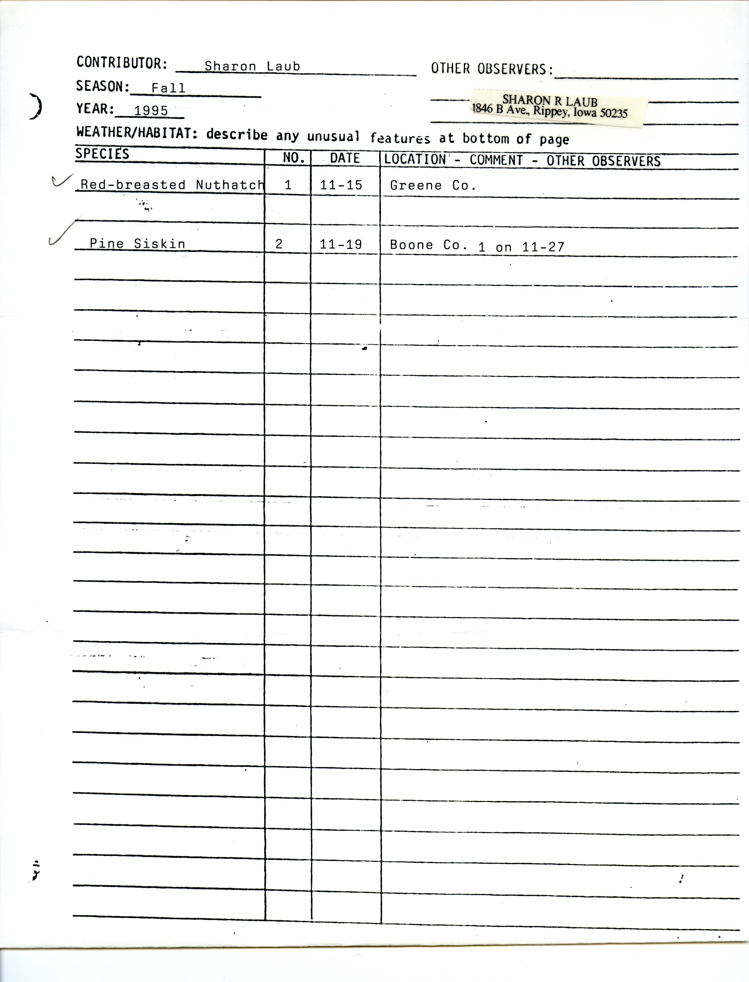 Field notes contributed by Sharon Laub, fall 1995