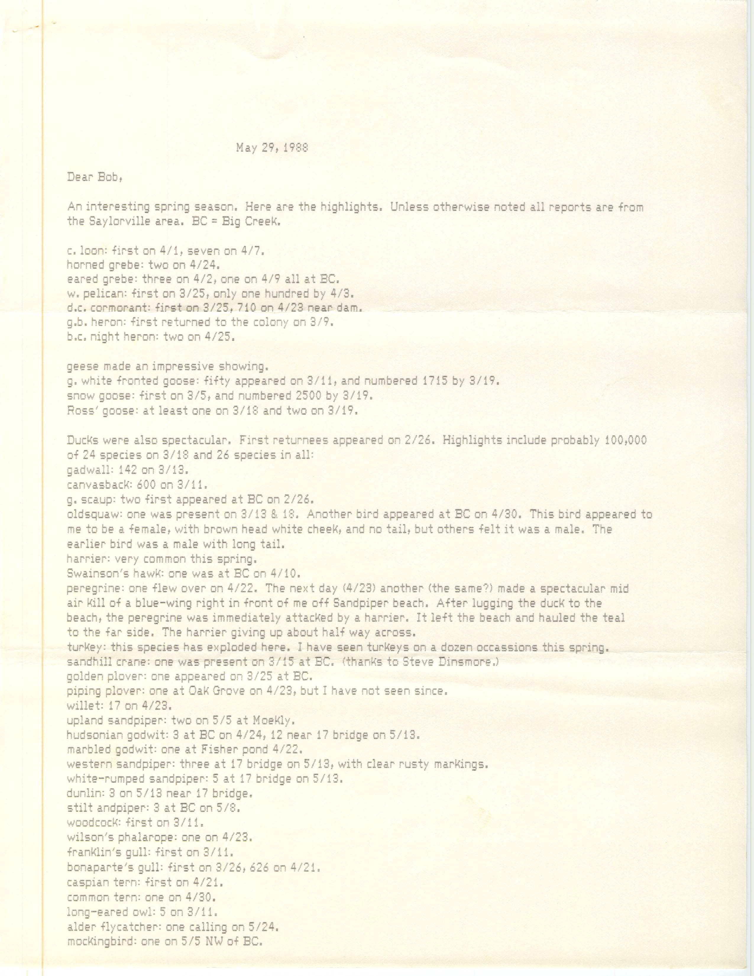 Bery Engebretsen letter to Robert K. Myers regarding bird sightings, May 29, 1988