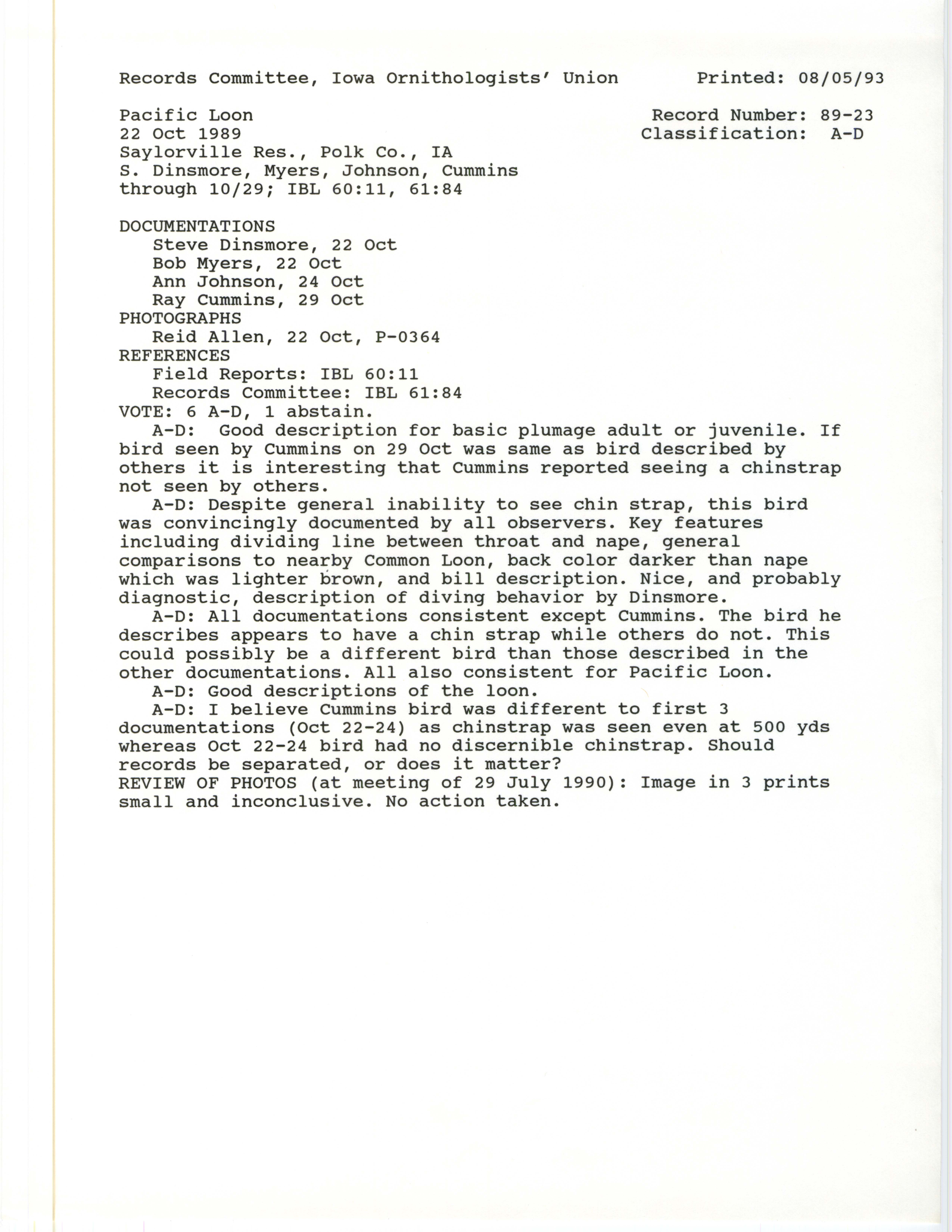 Records Committee review for rare bird sighting of Pacific Loon at Saylorville Reservoir, 1989