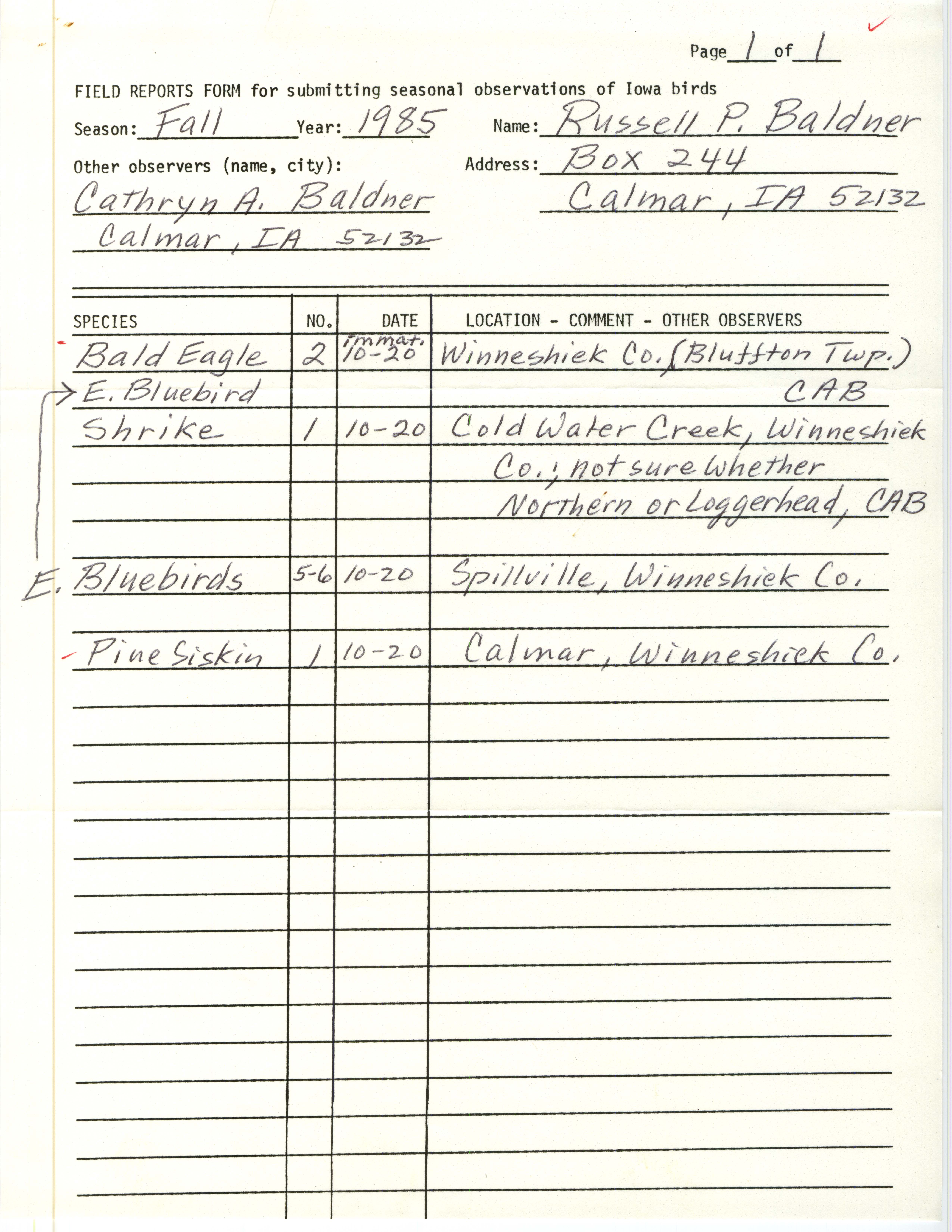 Field reports form submitted by Russell Baldner, Fall 1985