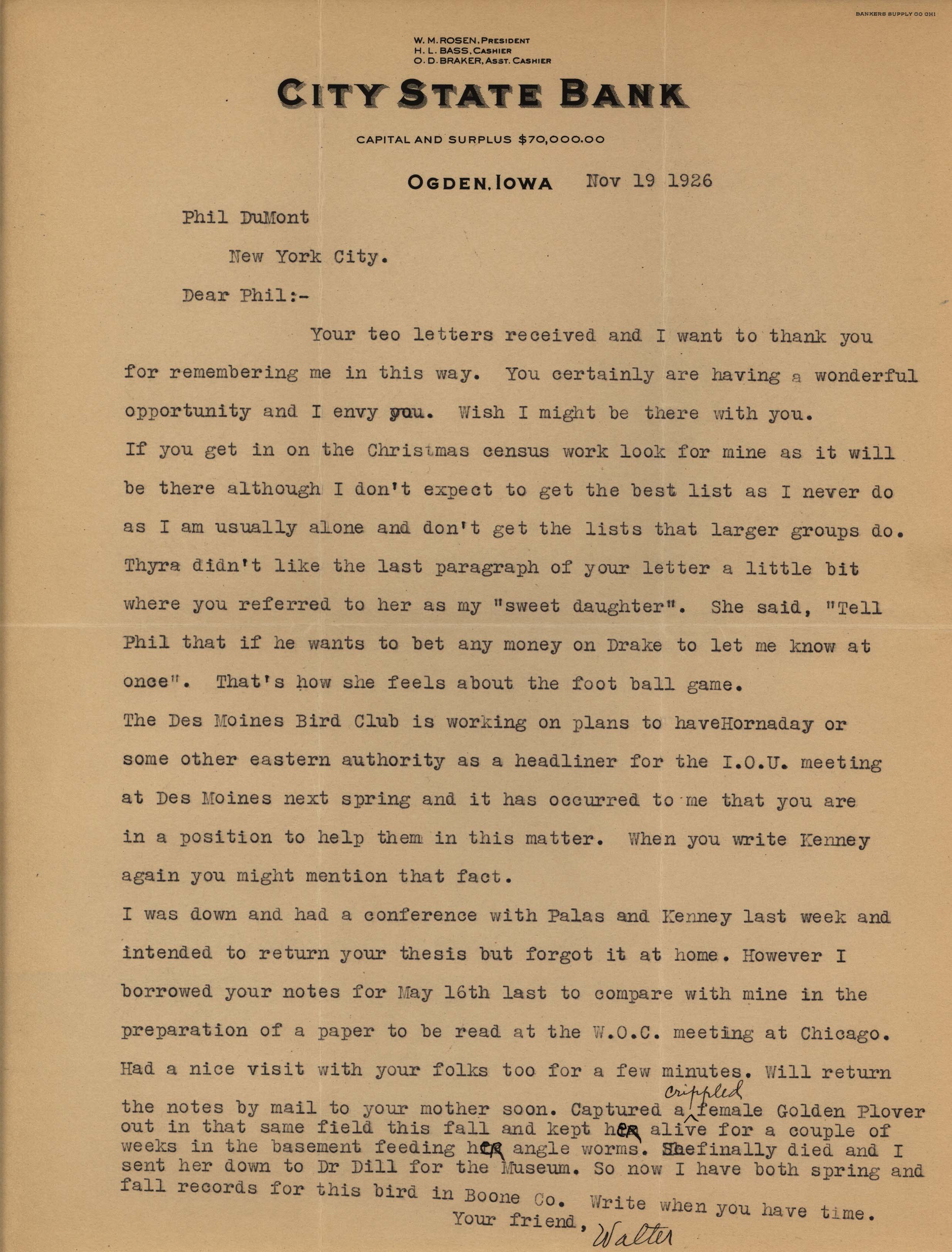 Walter Rosene letter to Philip DuMont regarding upcoming meetings, November 19, 1926