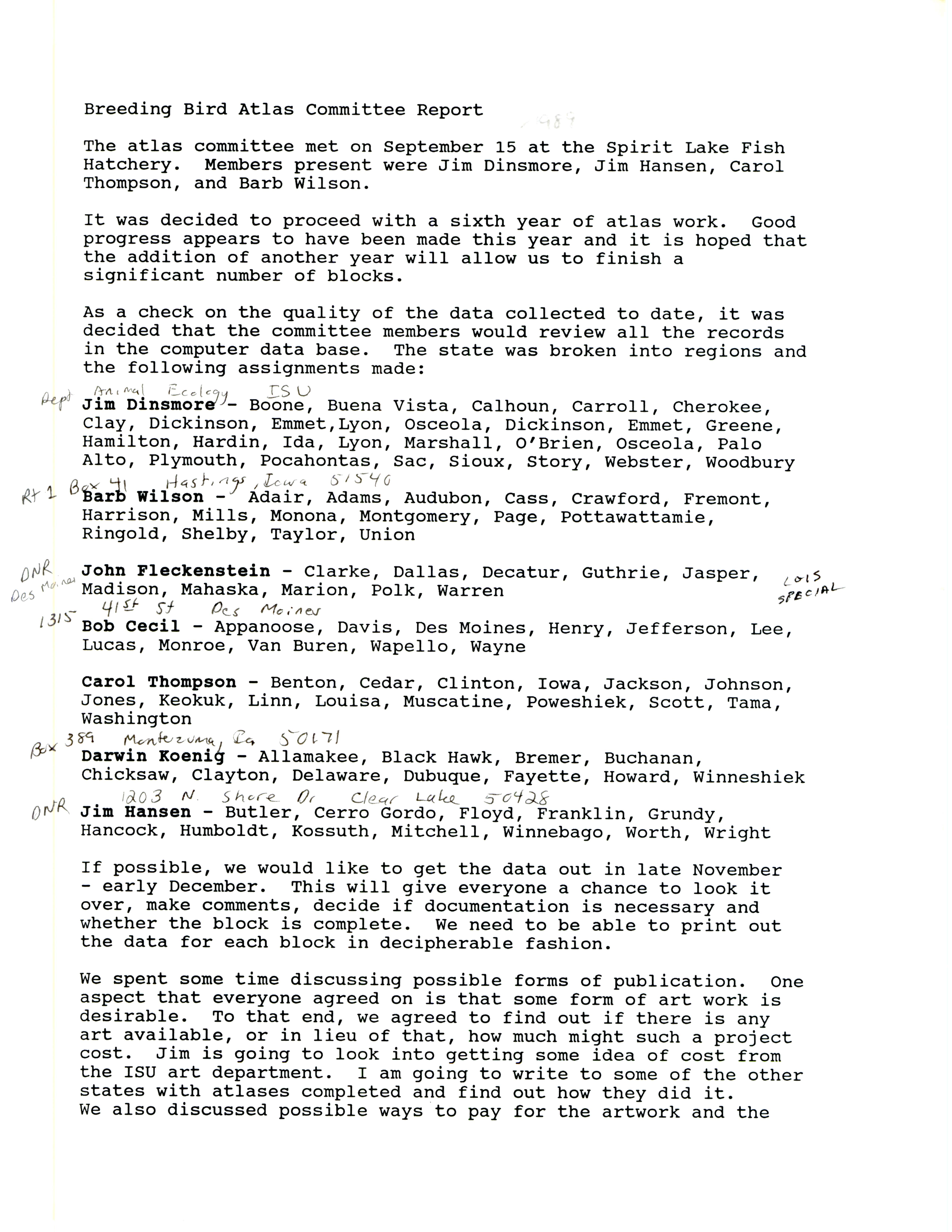 Breeding Bird Atlas Committee report, September 15, 1989