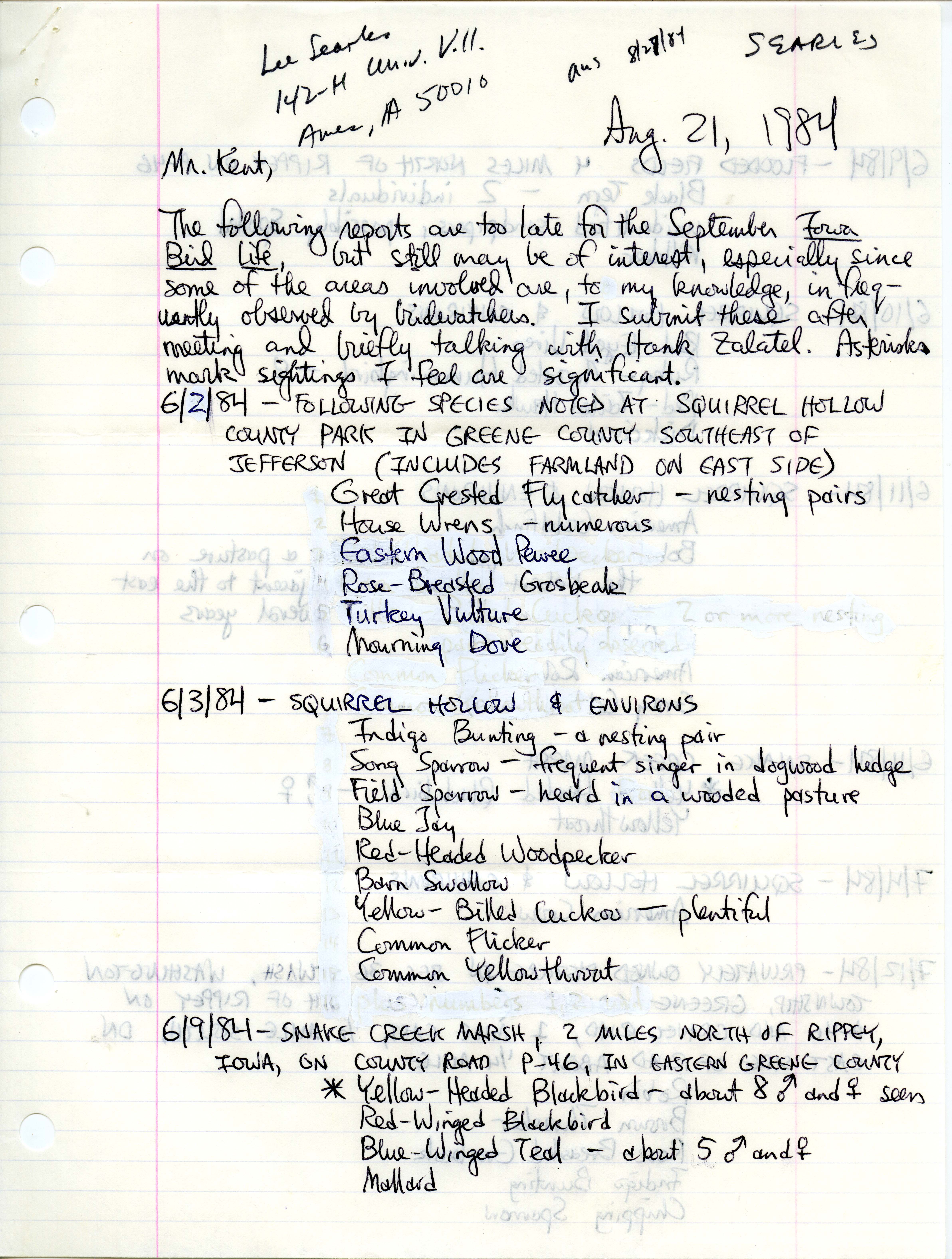 Lee Searles letter to Thomas H. Kent regarding bird sightings in Greene County, Iowa, August 21, 1984